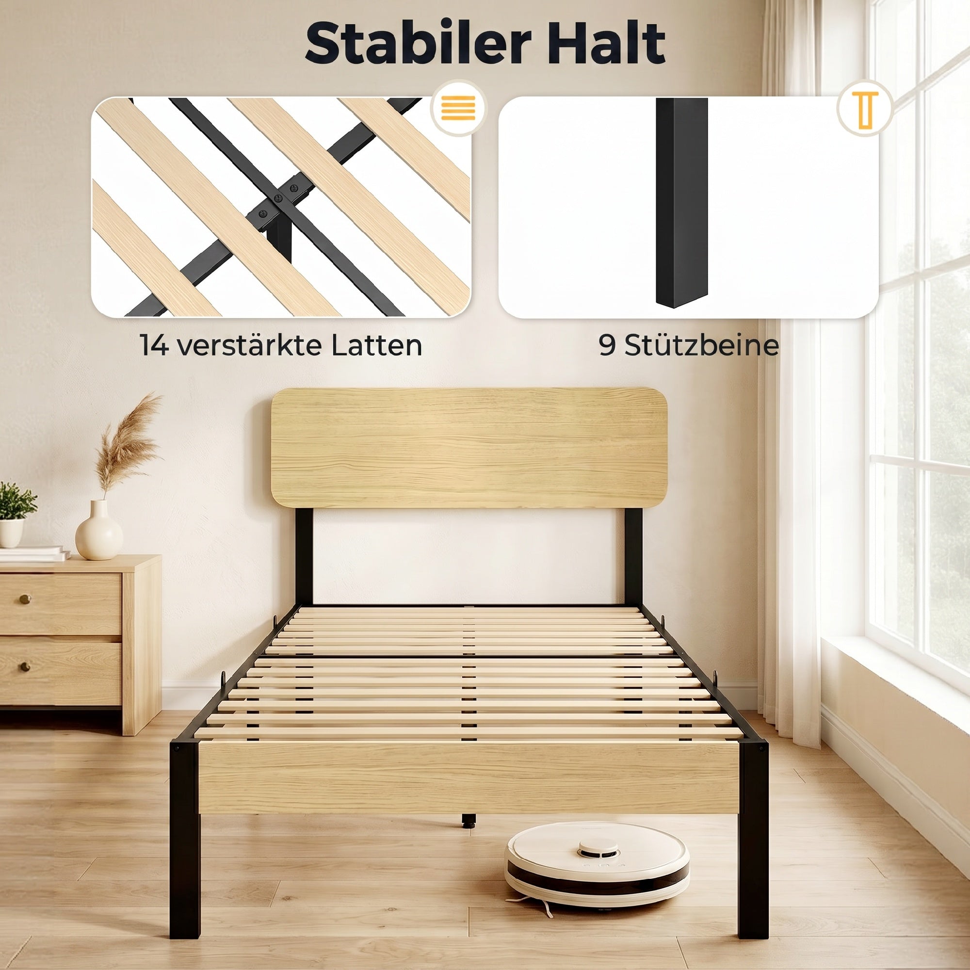 Bed Frame 35.4 x 78.7 in with Headboard & Footboard – Platform Bed with Under-Bed Storage, 14 Slats, Natural Wood Finish
