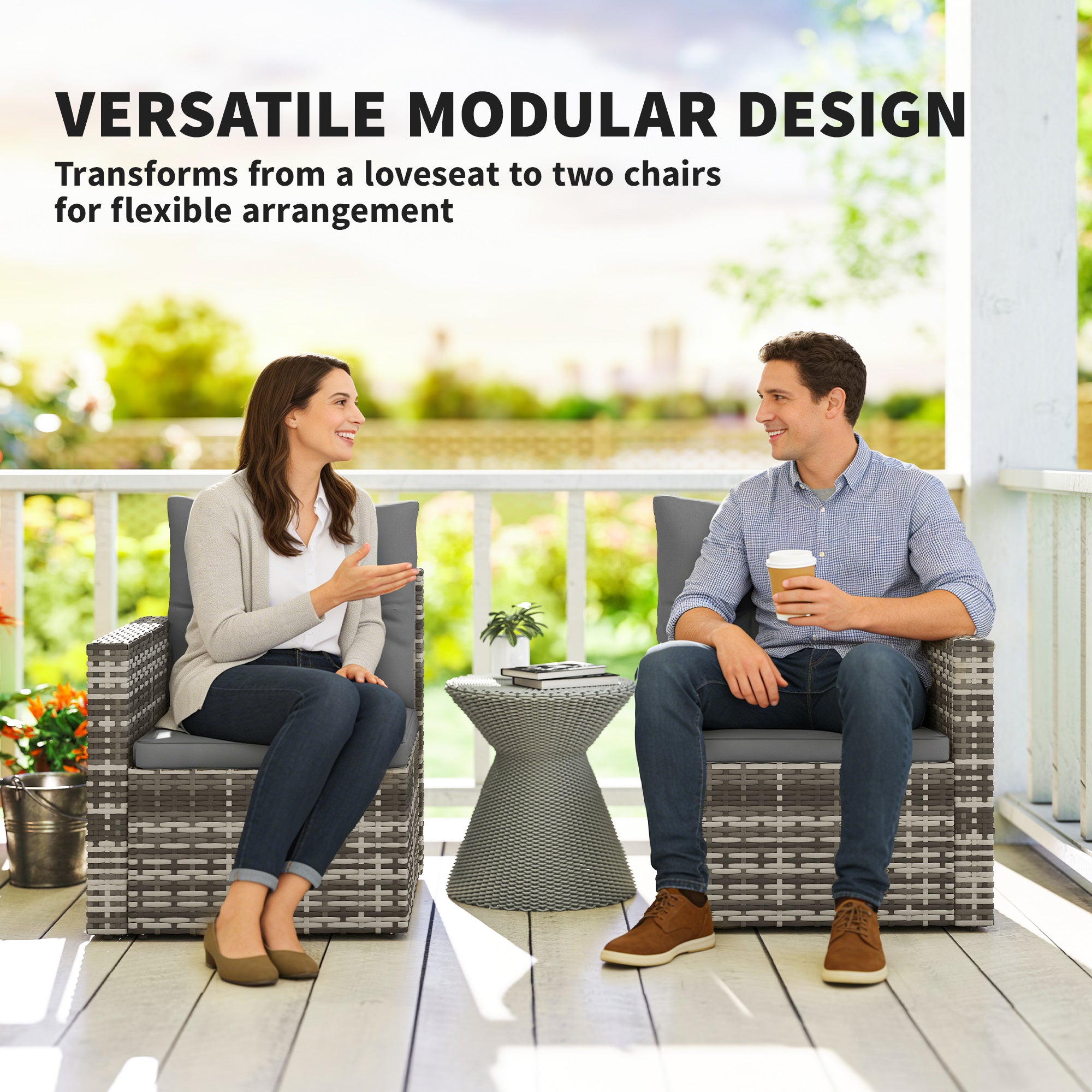 2-Seater Outdoor Rattan Sofa with Cushions — Convertible, Fold-Out Side Trays, Weather-Resistant, Light Grey Synthetic Rattan