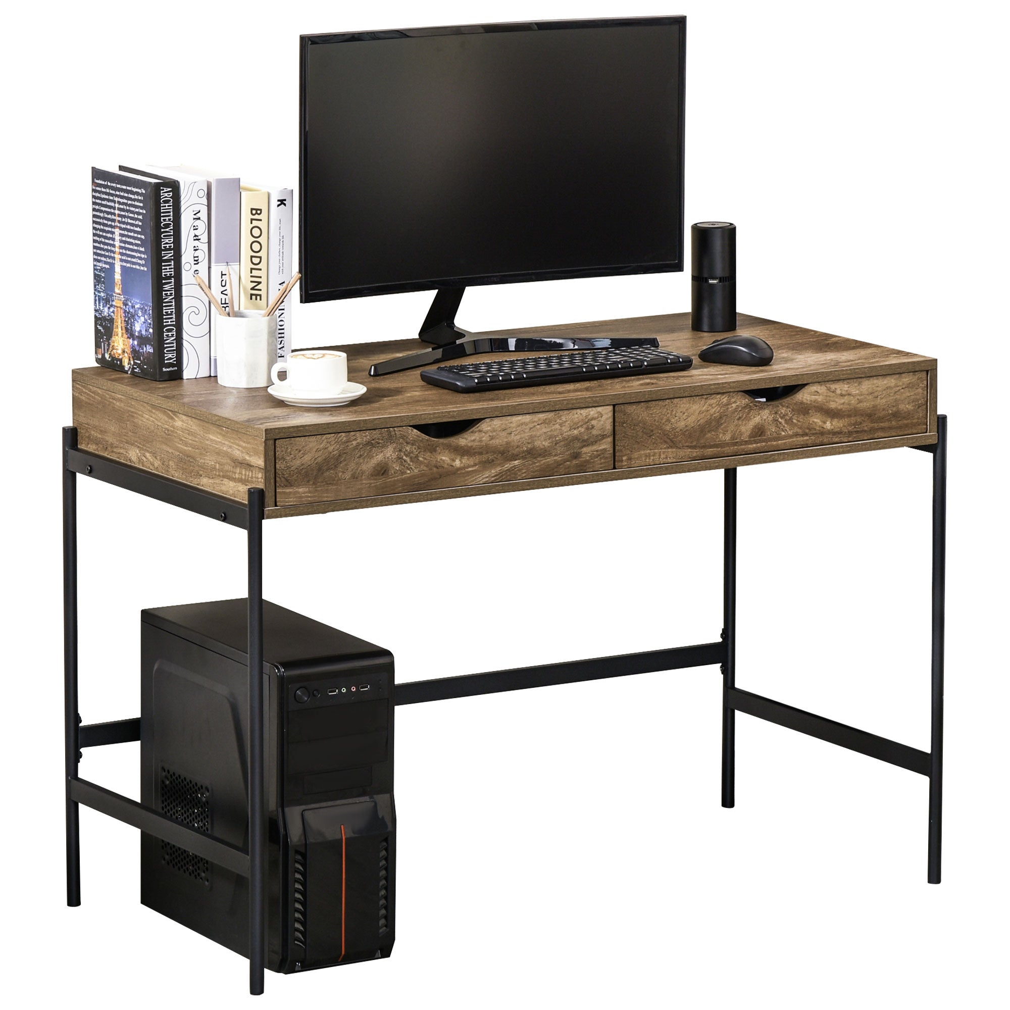 Industrial Style Desk Dimensions 110L x 55W x 75H cm with 2 Drawers Metal Legs Black Wood Effect MDF Top