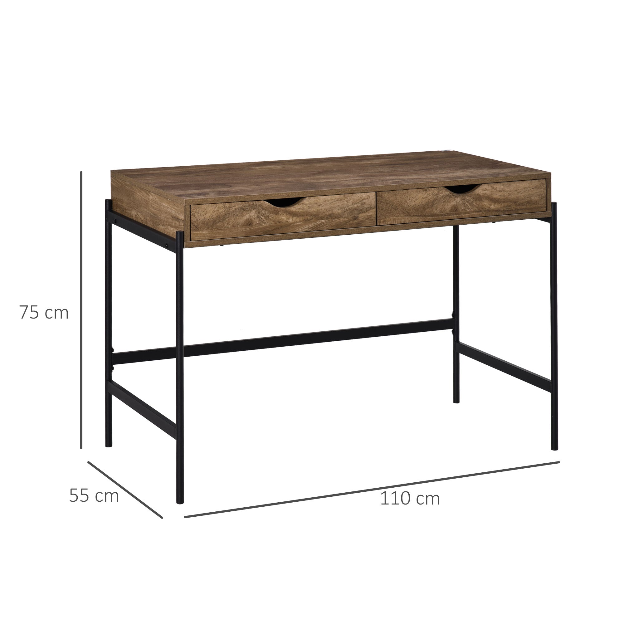 Industrial Style Desk Dimensions 110L x 55W x 75H cm with 2 Drawers Metal Legs Black Wood Effect MDF Top