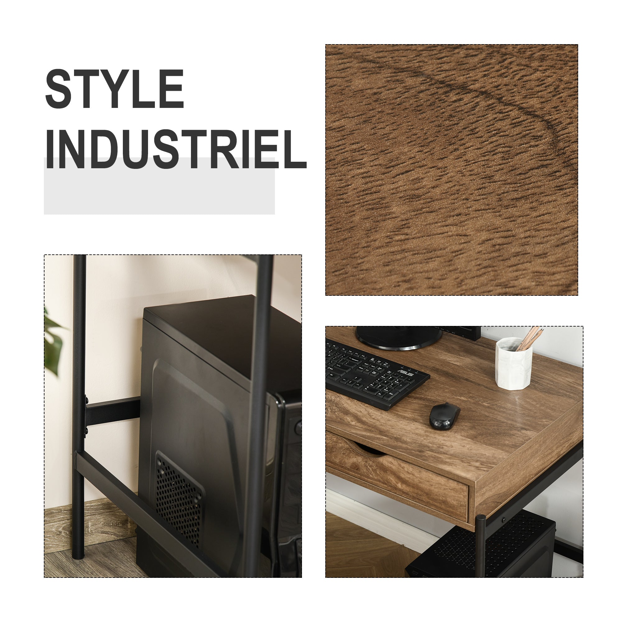 Industrial Style Desk Dimensions 110L x 55W x 75H cm with 2 Drawers Metal Legs Black Wood Effect MDF Top