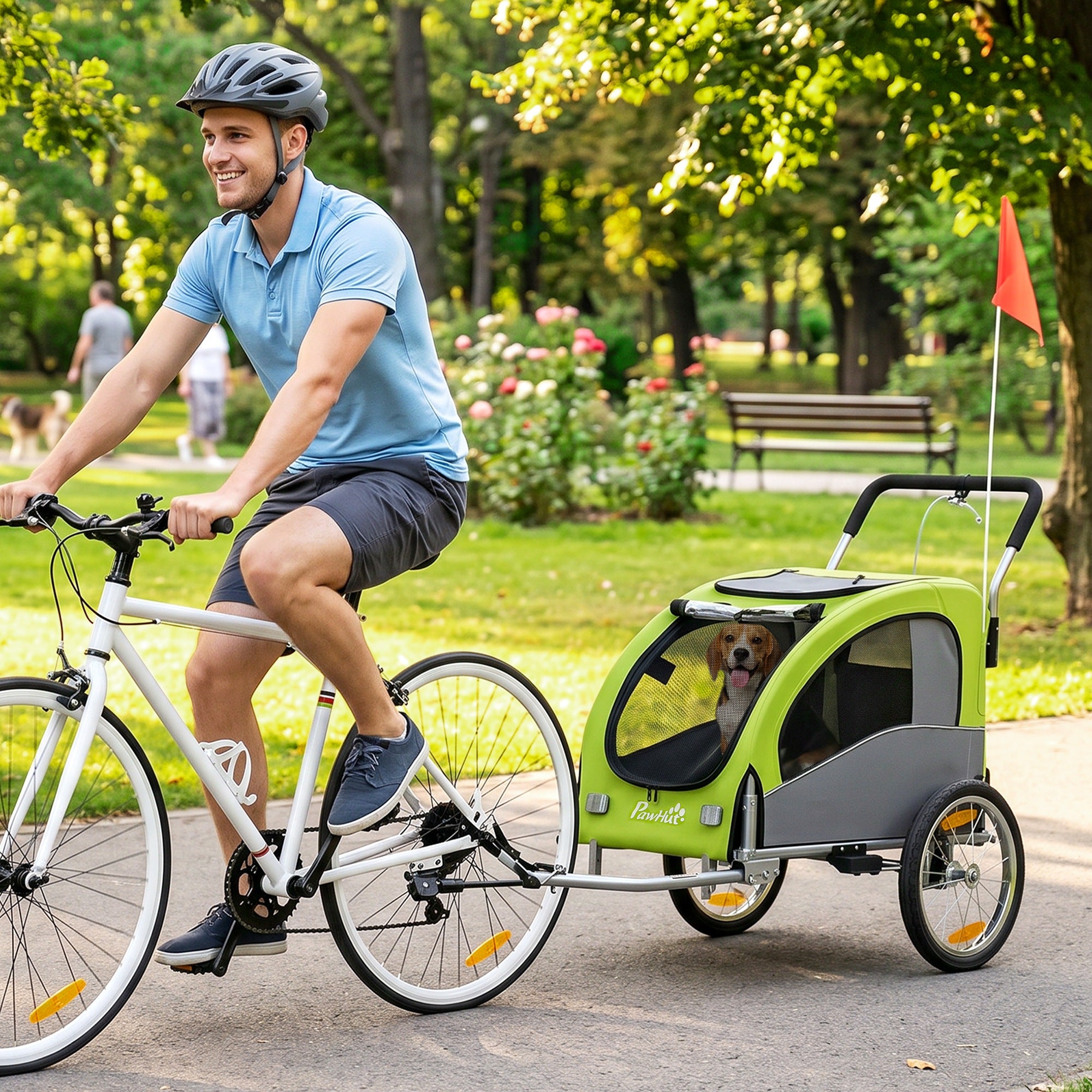 2-in-1 Dog Bike Trailer & Pet Stroller, Foldable with Suspension, Large Wheels, Mesh Windows, Hand Brake, Reflectors & Safety Flag, Green — For Medium Dogs & Cats up to 44 lb (20 kg)