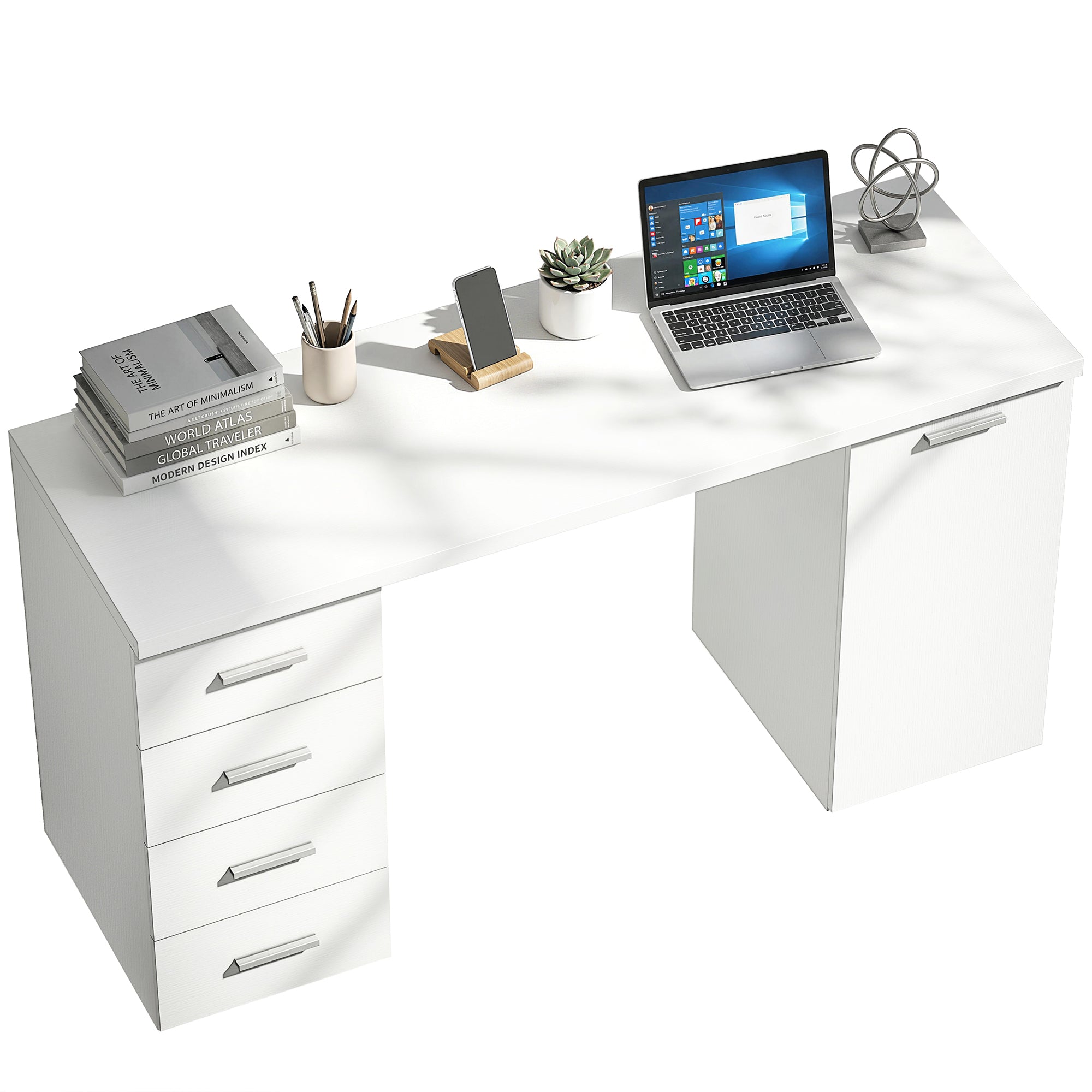 Computer Desk with 4 Drawers, 55.1 x 18.9 x 29.5 in Desk with Cabinet & Adjustable Shelf, Modern Office Desk for Office or Bedroom, White