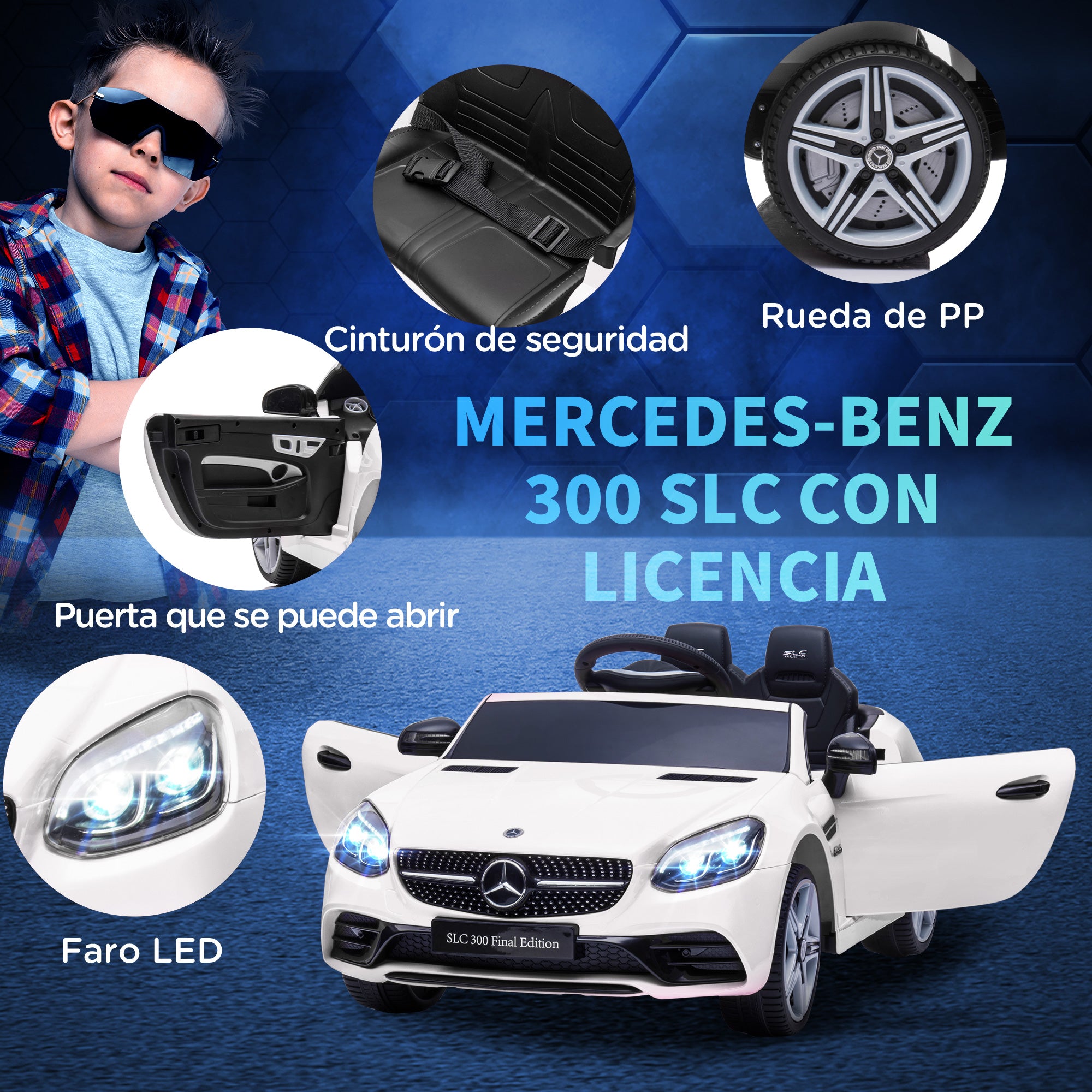 Electric Car for Children 3+ Years Mercedes SLC 300 Electric Car with 12V Battery Kids Electric Car with Remote Control LED Headlights Horn Music White