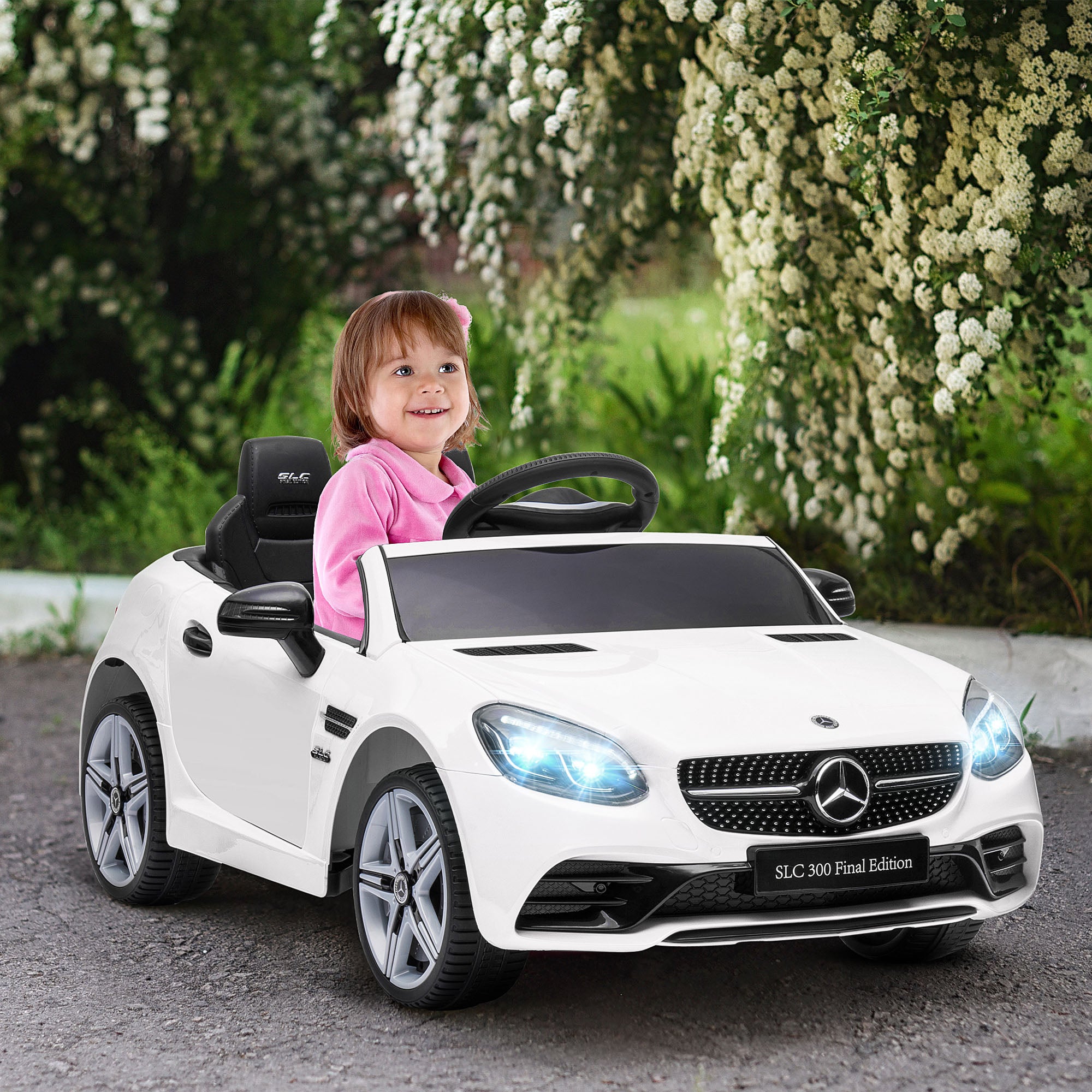 Electric Car for Children 3+ Years Mercedes SLC 300 Electric Car with 12V Battery Kids Electric Car with Remote Control LED Headlights Horn Music White