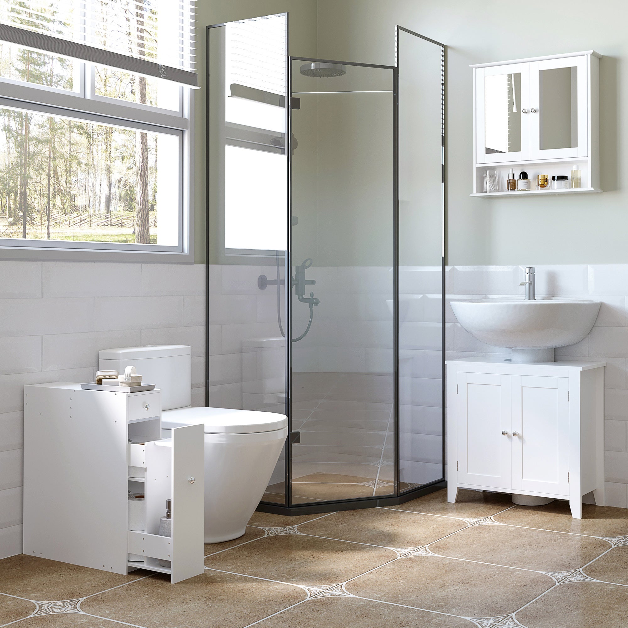 Bathroom Side Cabinet Bathroom Furniture with 2 Drawers and Upper Compartment with Lid for Sink Shower 17x48x58 cm White