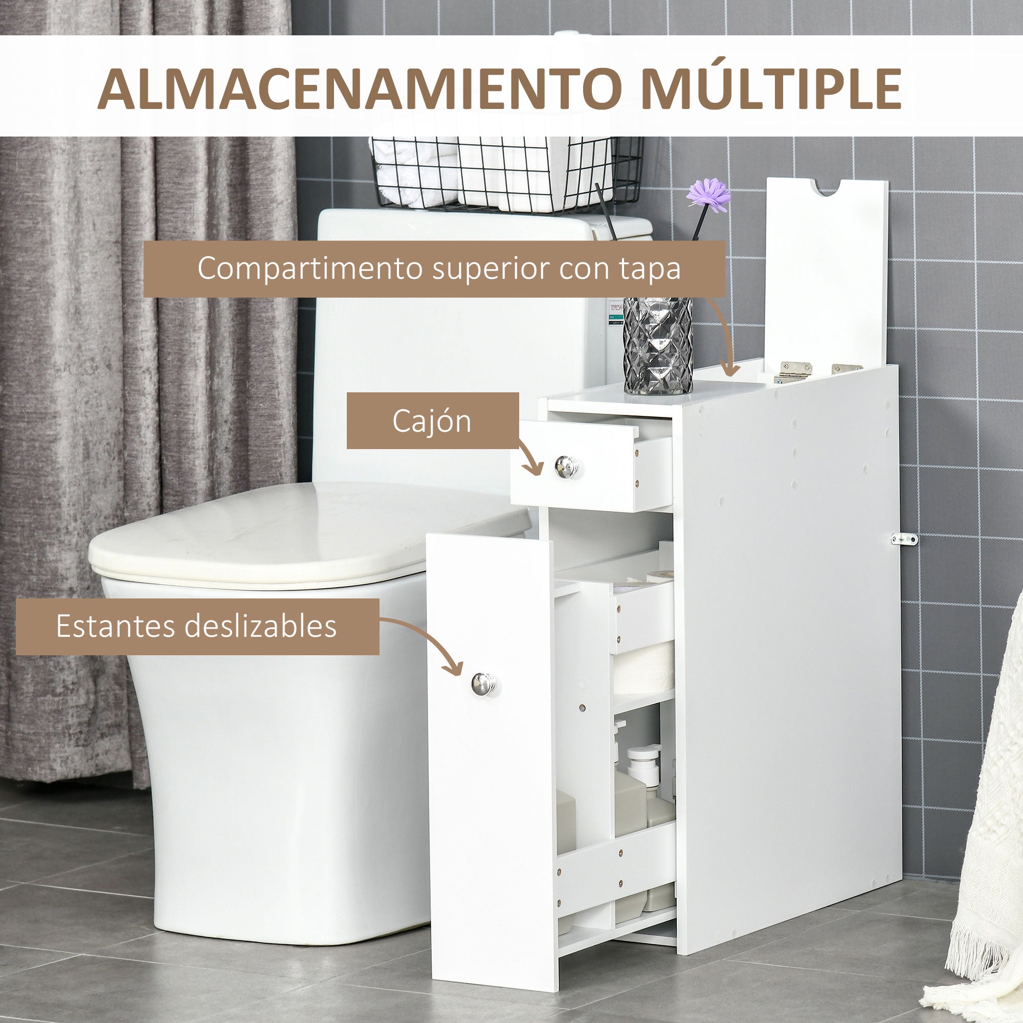 Bathroom Side Cabinet Bathroom Furniture with 2 Drawers and Upper Compartment with Lid for Sink Shower 17x48x58 cm White