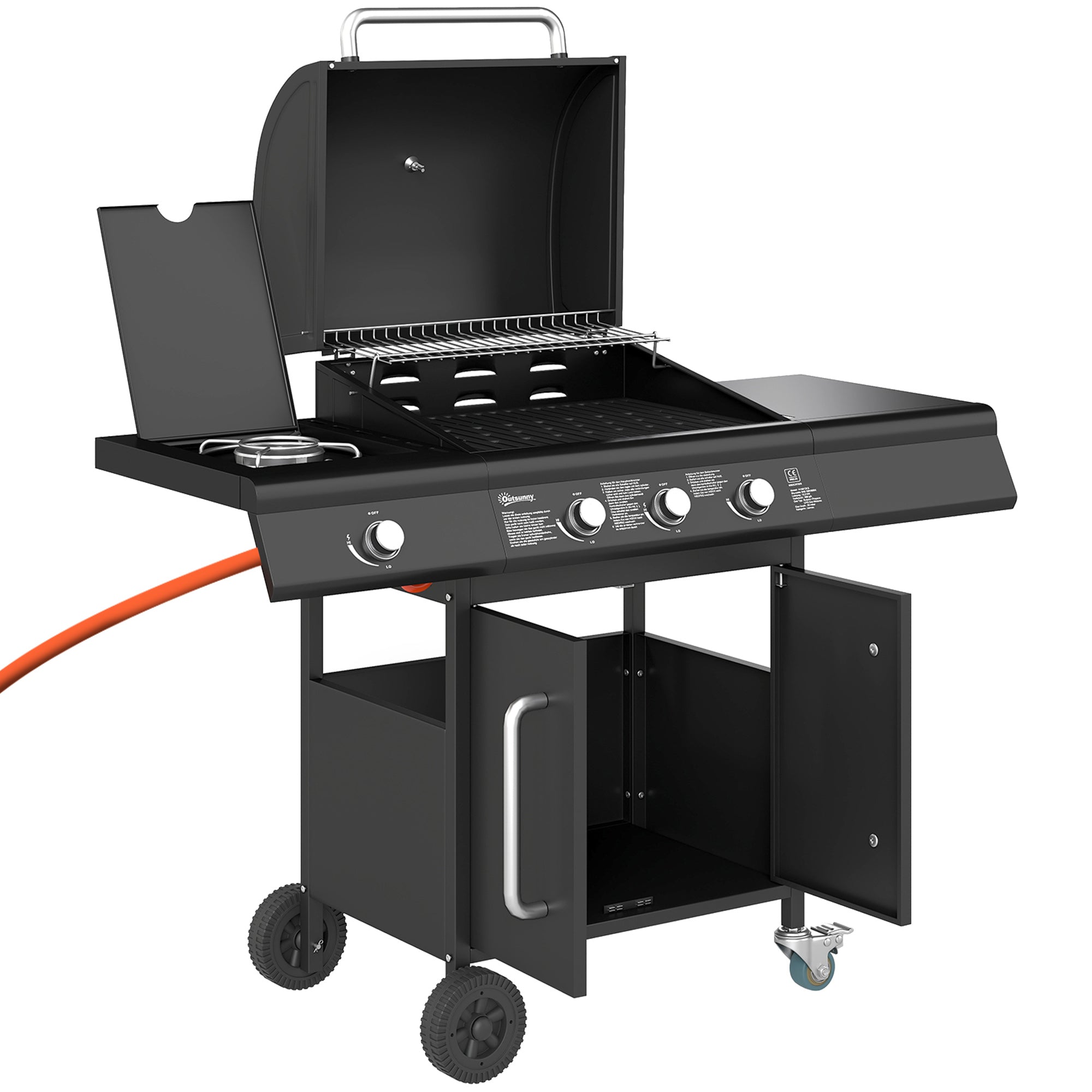 12.2 kW (≈41,600 BTU) 3+1-Burner Gas BBQ Cart, Stainless Steel with Wheels, Side Burner, Thermometer, Warming Rack, Side Shelf — 118.5 x 56 x 110 cm (46.7 x 22.0 x 43.3 in)