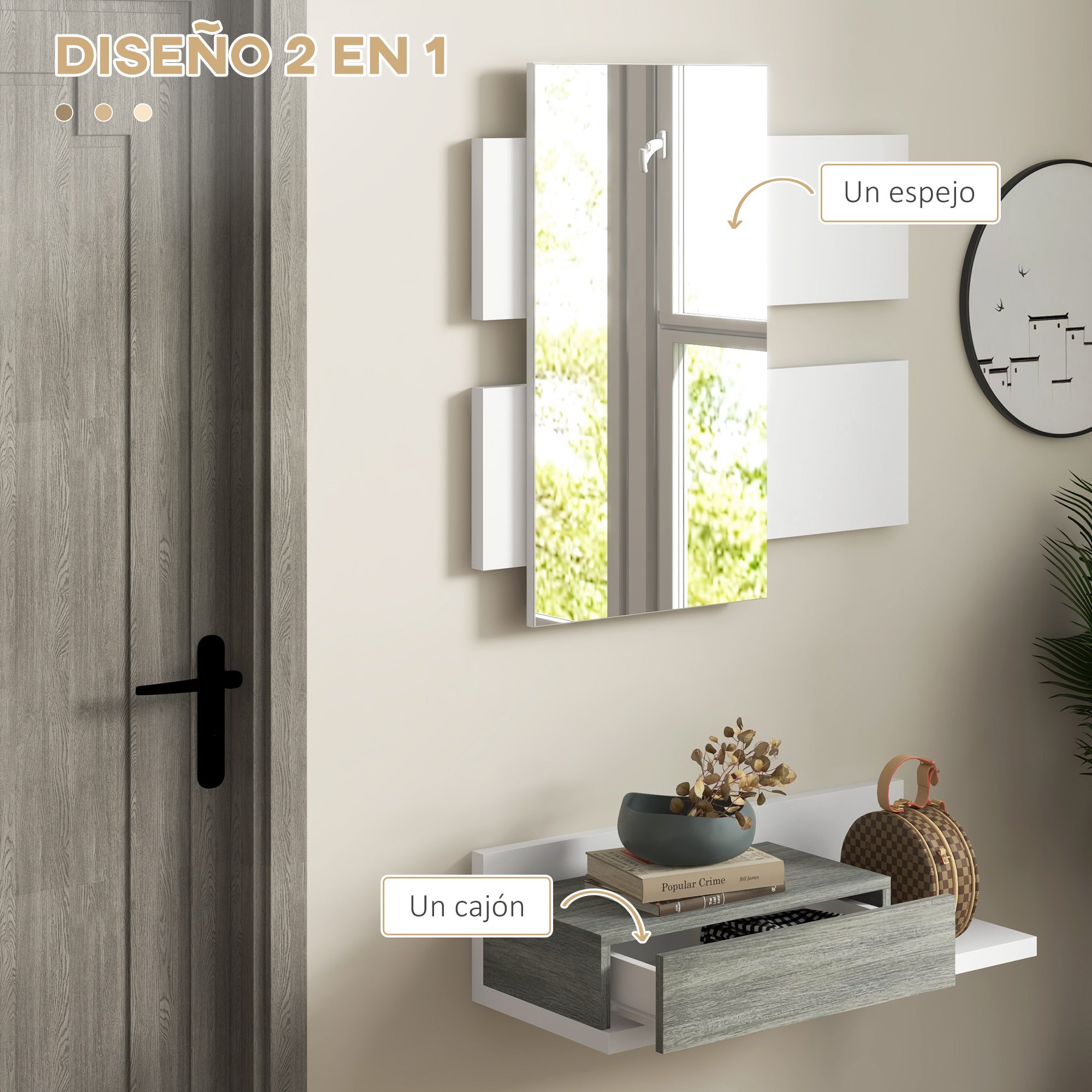 Entryway Furniture Set Hallway Mirror and Drawer Hanging Entryway Modern Style 75x3.5x75 cm and 75x30.5x20 cm White and Gray