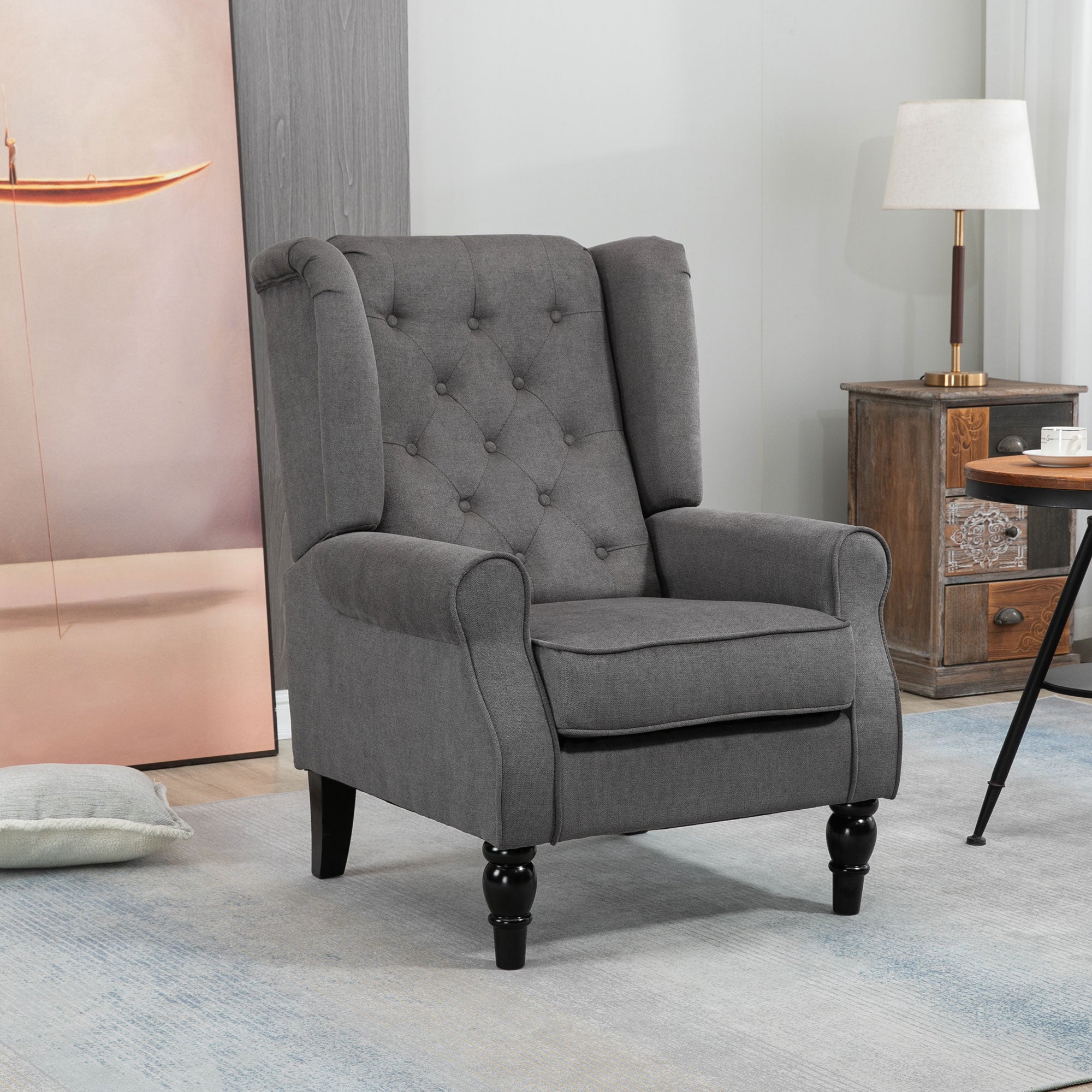 Wing Chair with Tufting, High Backrest, Upholstered Lounge Chair with Rounded Armrests, Wood Legs, for Bedroom, Living Room, up to 160 kg, Dark Gray