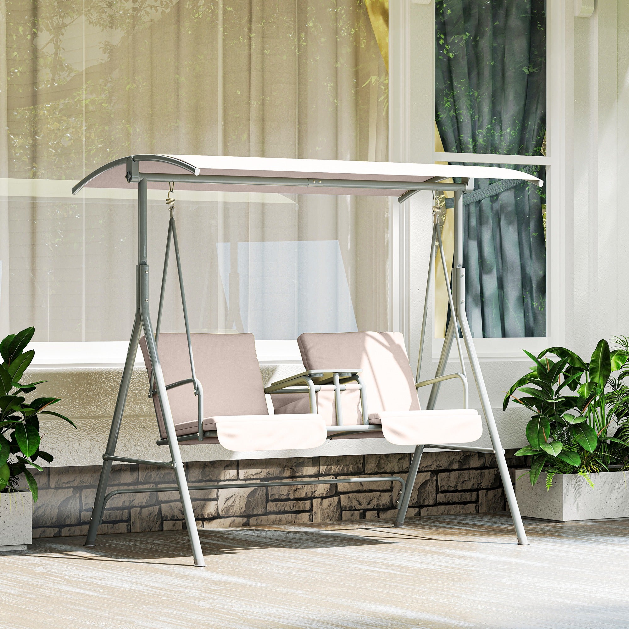 Hollywood Swing with Cup Holder and Side Pocket, 2-Seater Garden Swing with Sun Canopy, Swing Bench supports up to 180 kg, Garden Lounger for Garden, Terrace, 175 x 112 x 165 cm, Beige