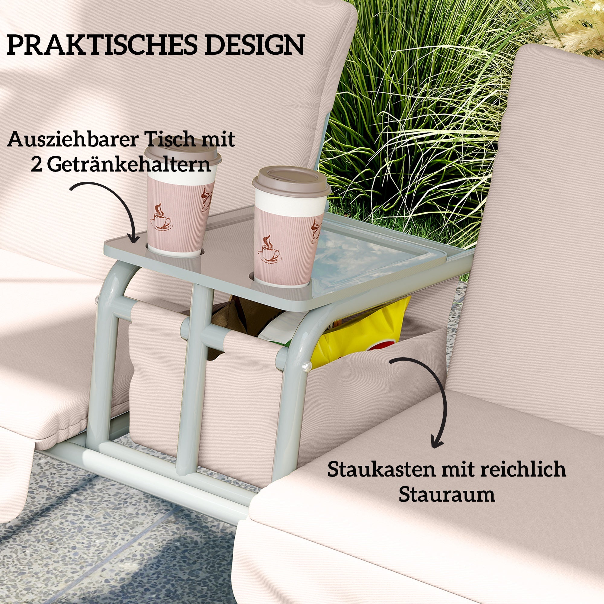 Hollywood Swing with Cup Holder and Side Pocket, 2-Seater Garden Swing with Sun Canopy, Swing Bench supports up to 180 kg, Garden Lounger for Garden, Terrace, 175 x 112 x 165 cm, Beige