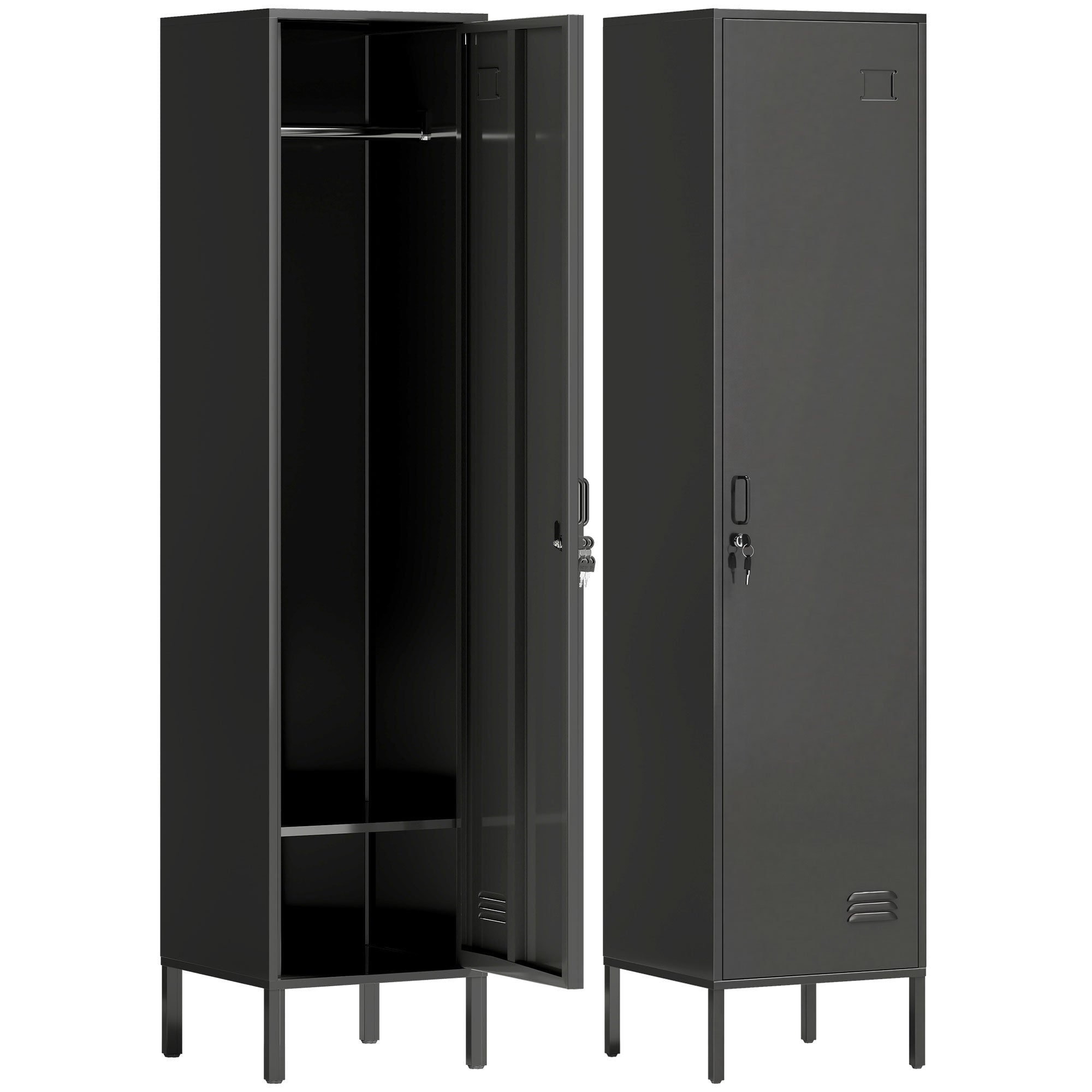 Steel Locker with Lock, Hanging Rail, Label Holder & Ventilated Door, 15.7 x 15.7 x 70.5 in, Black