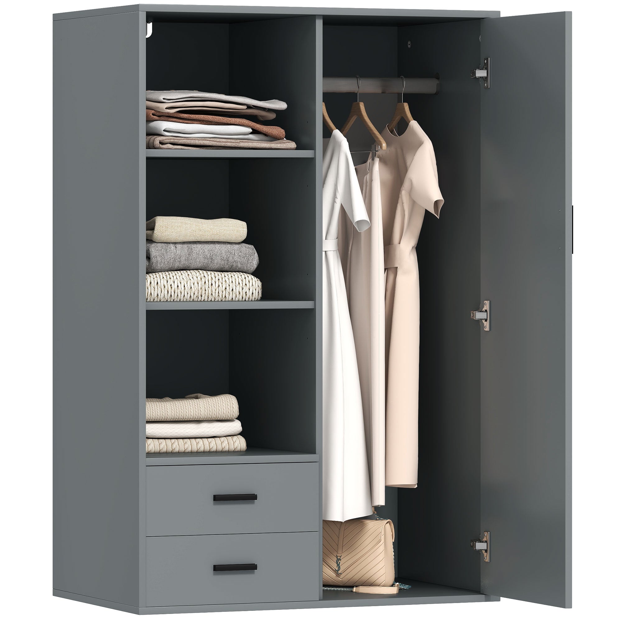 Modern Wardrobe with 2 Drawers, Adjustable Open Shelves, Hanging Rail, Wardrobe for Bedroom and Entrance, 80x50x124 cm, Dark Grey