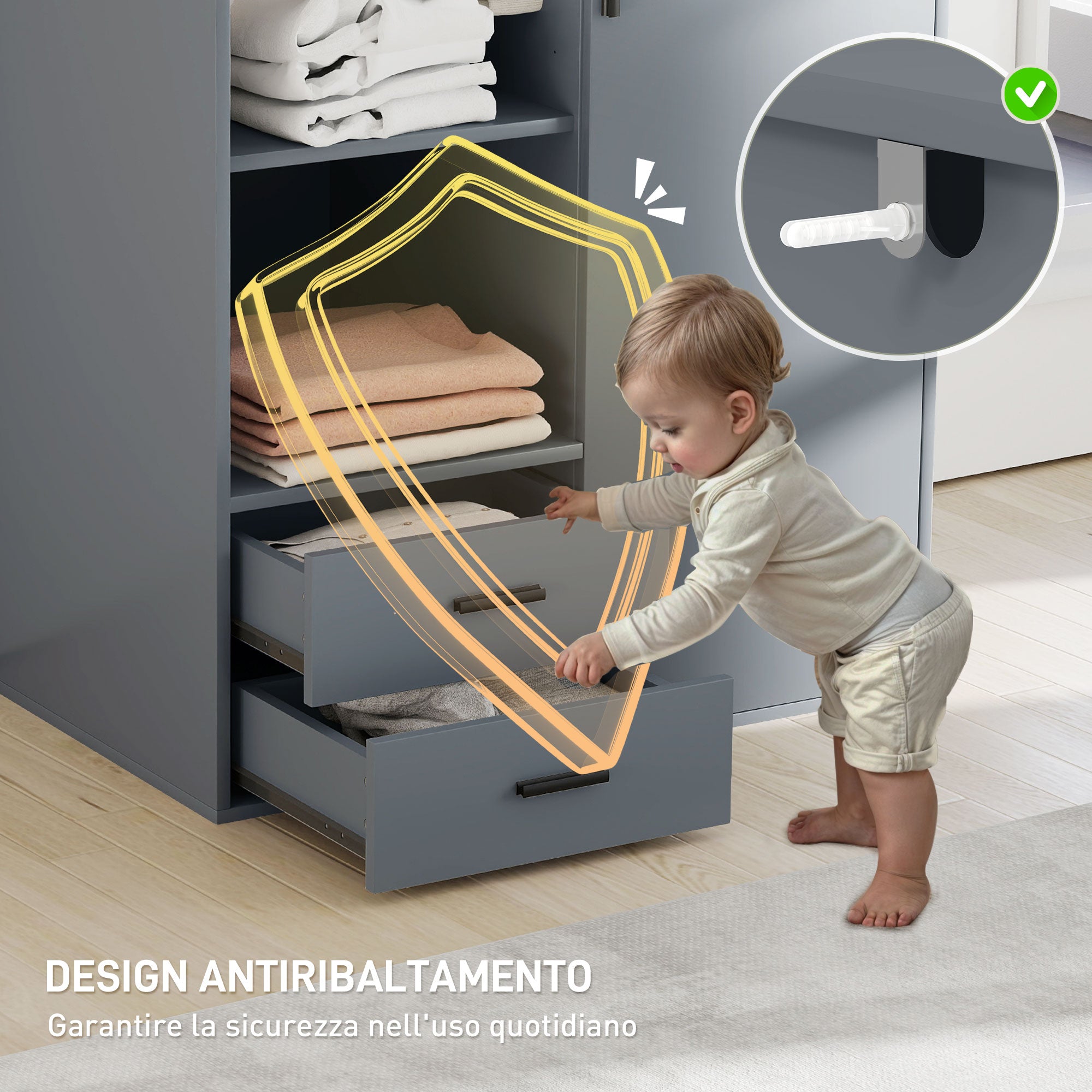 Modern Wardrobe with 2 Drawers, Adjustable Open Shelves, Hanging Rail, Wardrobe for Bedroom and Entrance, 80x50x124 cm, Dark Grey