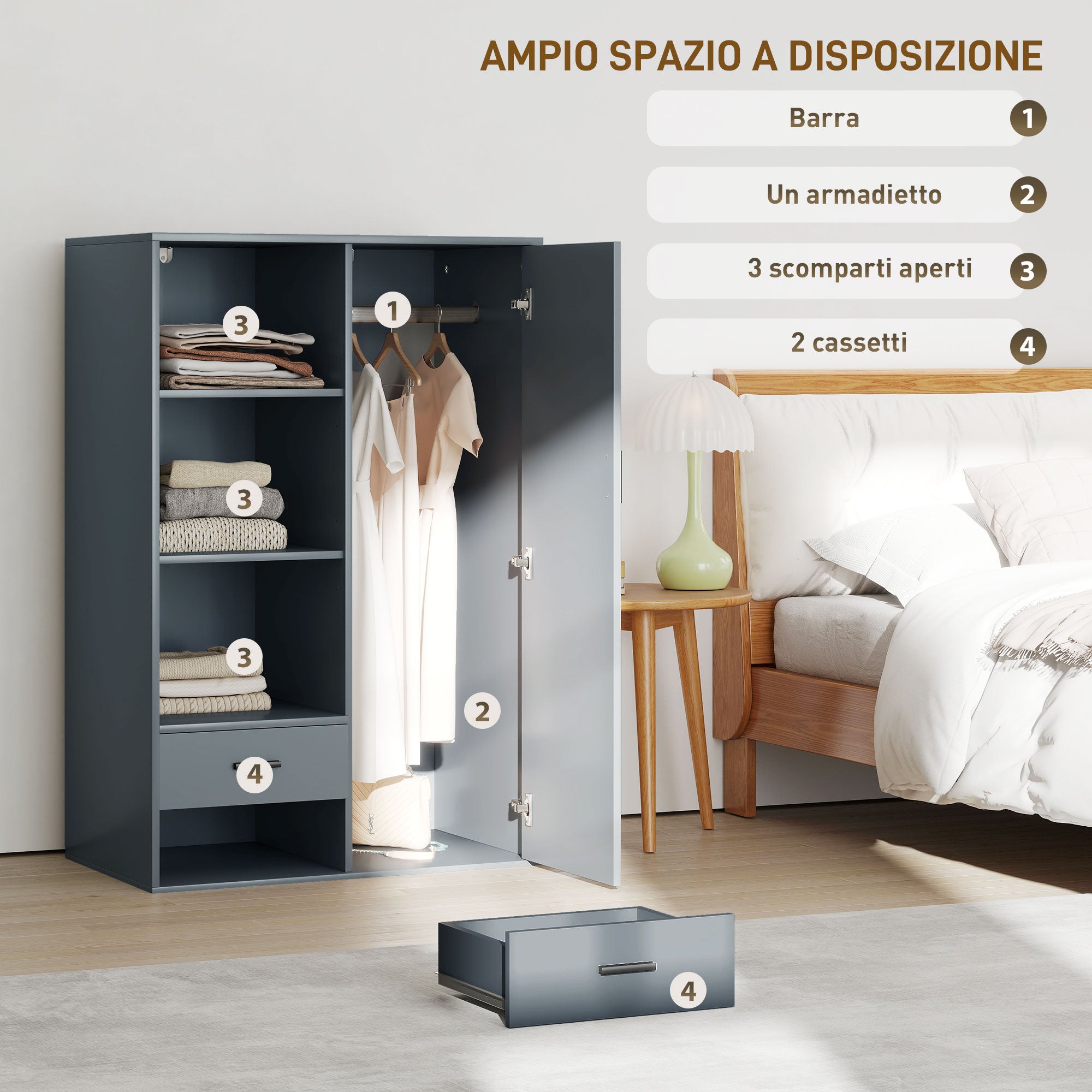 Modern Wardrobe with 2 Drawers, Adjustable Open Shelves, Hanging Rail, Wardrobe for Bedroom and Entrance, 80x50x124 cm, Dark Grey