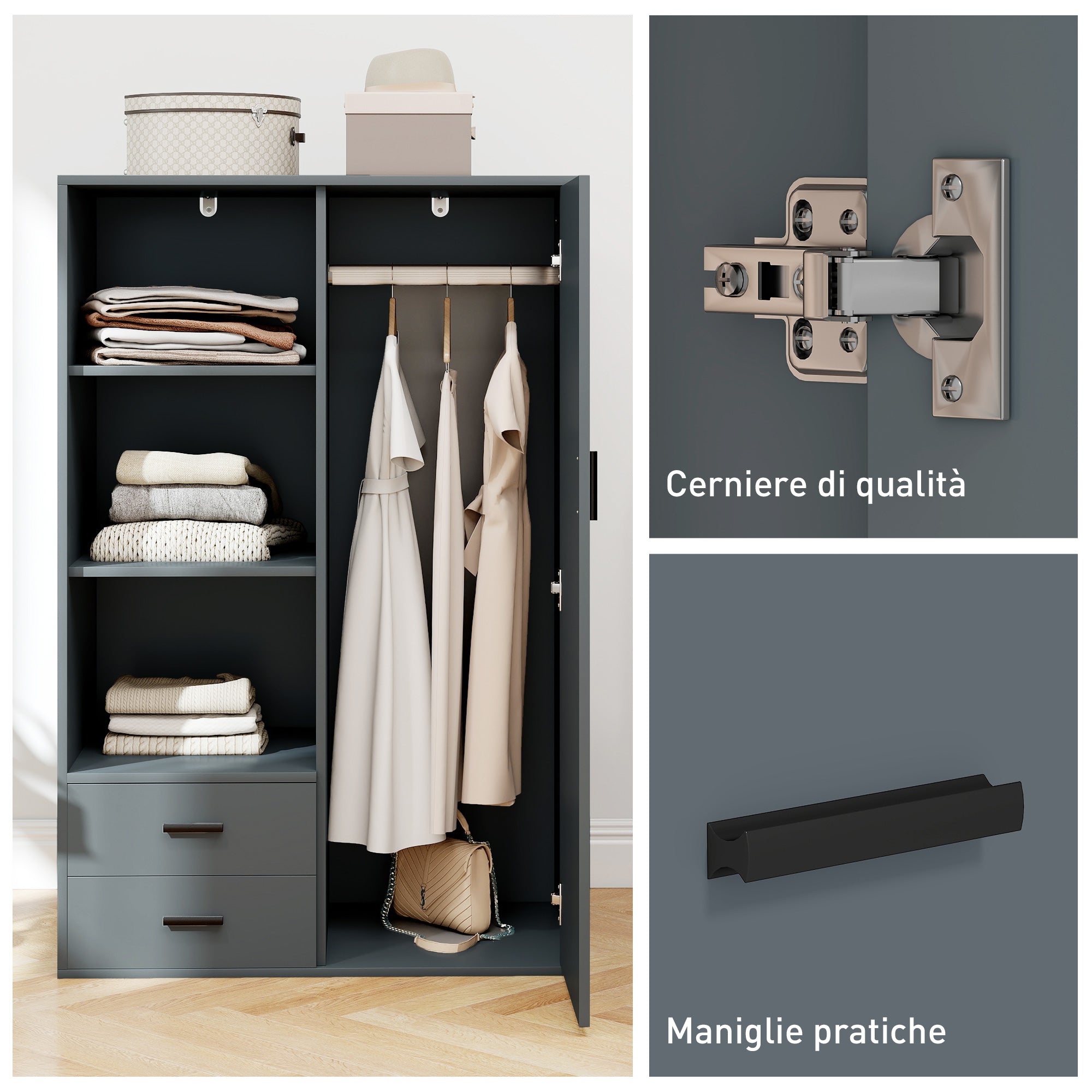 Modern Wardrobe with 2 Drawers, Adjustable Open Shelves, Hanging Rail, Wardrobe for Bedroom and Entrance, 80x50x124 cm, Dark Grey