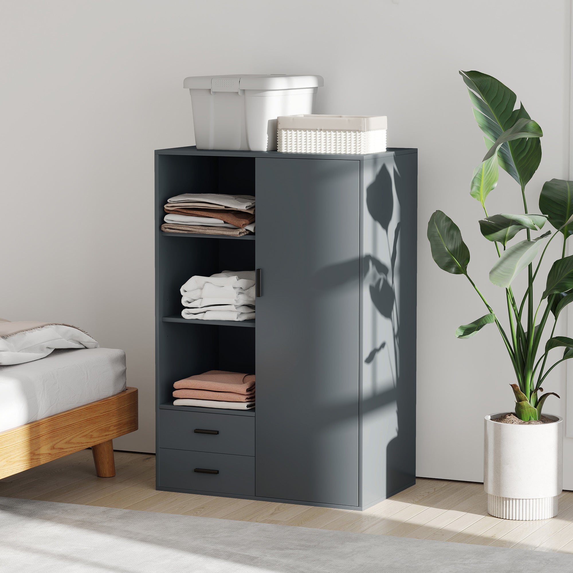 Modern Wardrobe with 2 Drawers, Adjustable Open Shelves, Hanging Rail, Wardrobe for Bedroom and Entrance, 80x50x124 cm, Dark Grey