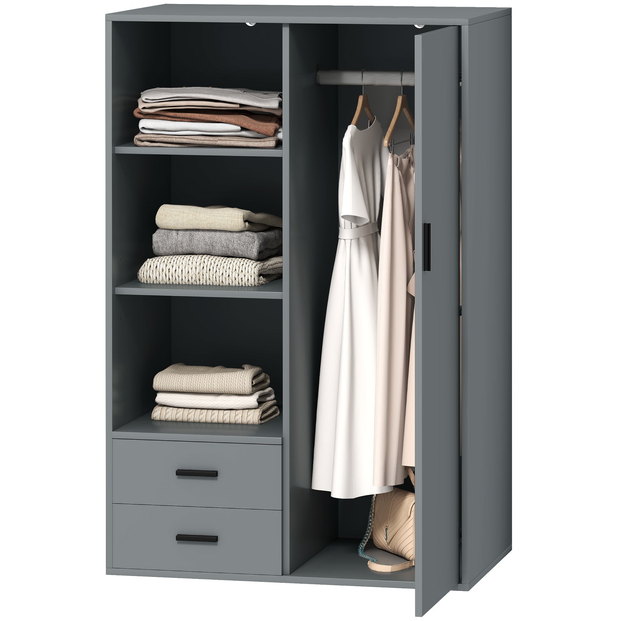 Modern Wardrobe with 2 Drawers, Adjustable Open Shelves, Hanging Rail, Wardrobe for Bedroom and Entrance, 80x50x124 cm, Dark Grey