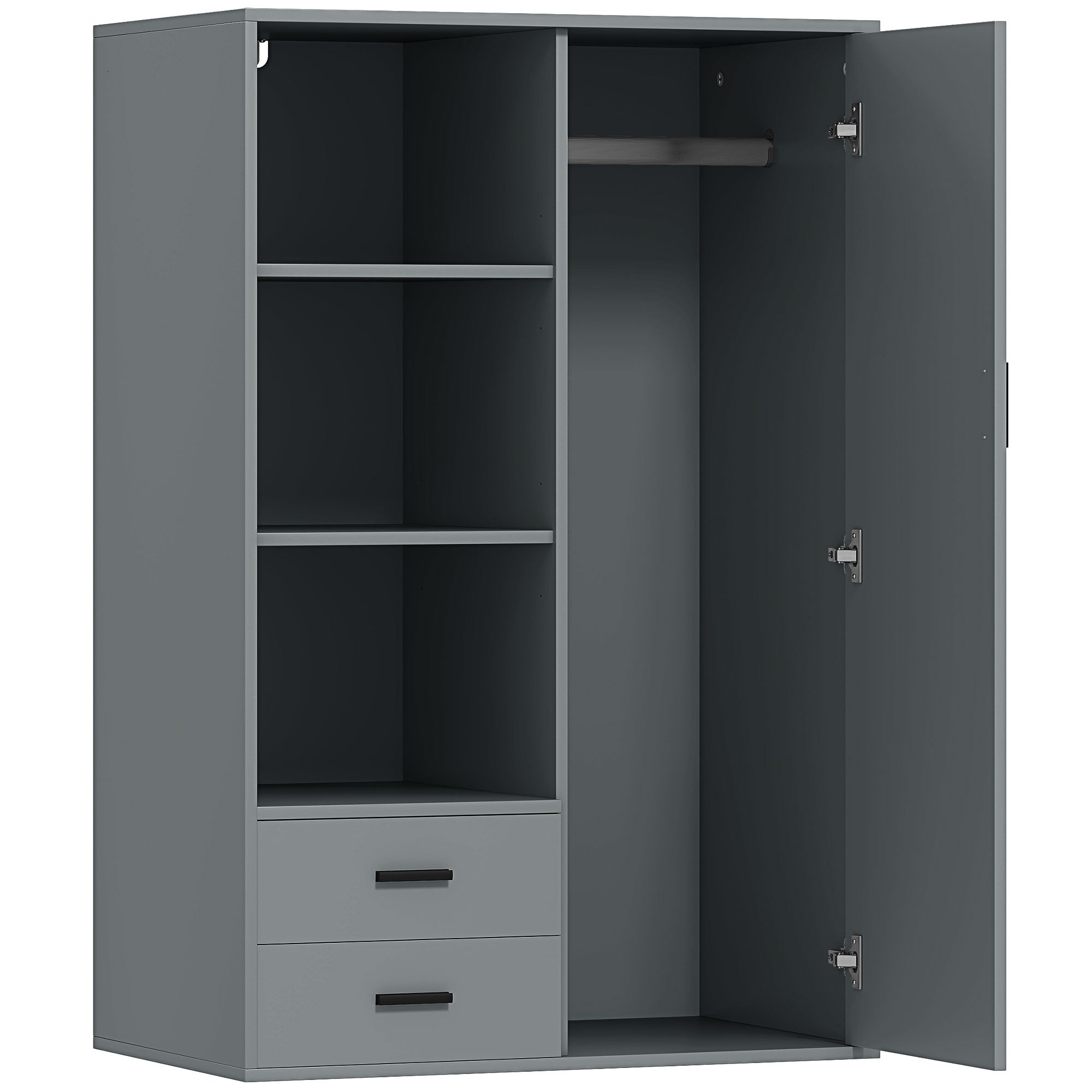 Modern Wardrobe with 2 Drawers, Adjustable Open Shelves, Hanging Rail, Wardrobe for Bedroom and Entrance, 80x50x124 cm, Dark Grey