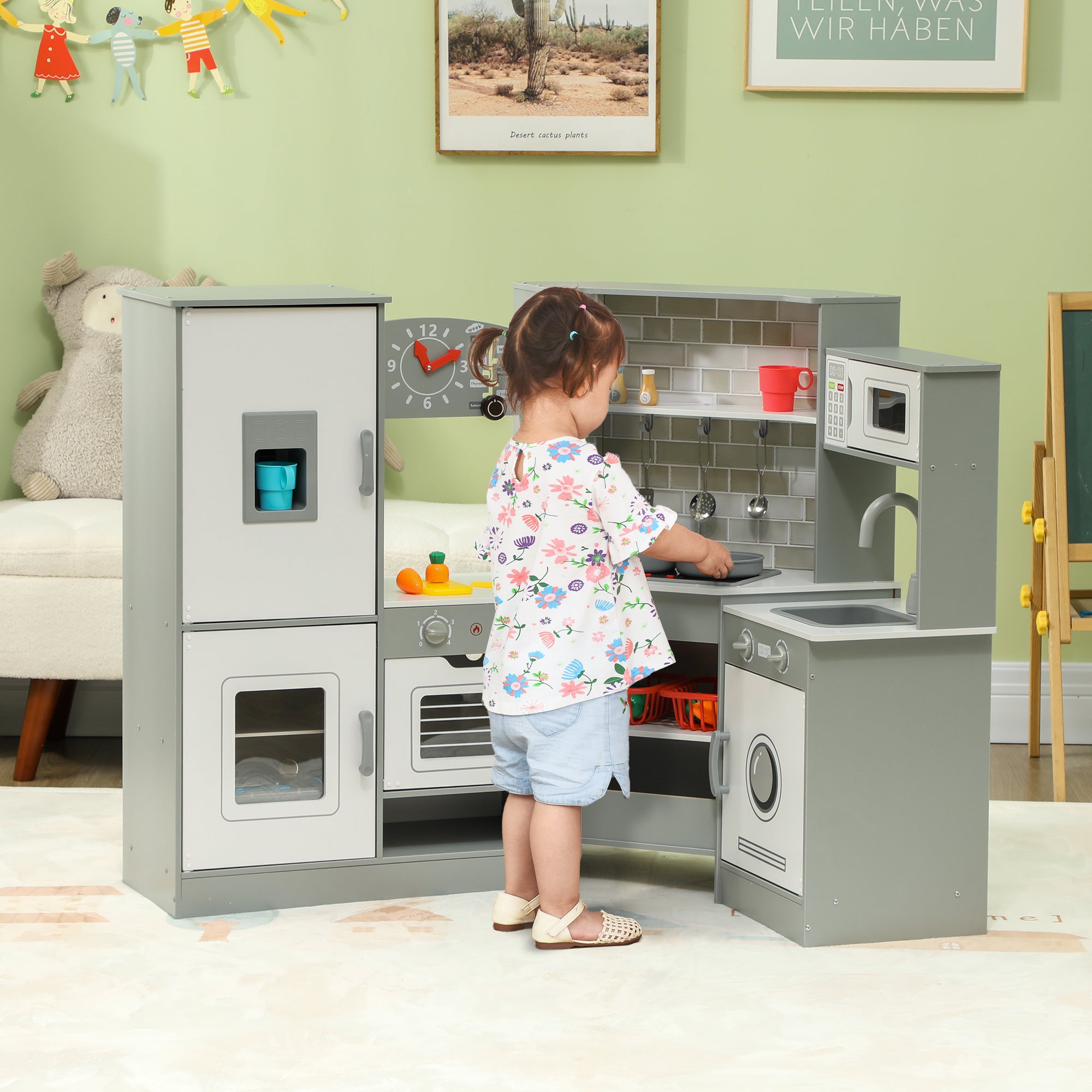 Kids Wooden Toy Kitchen +3 Years Old Children's Corner Kitchen with Sound Stove Oven Faucet Sink Microwave Washer Ice Maker and Accessories Gray