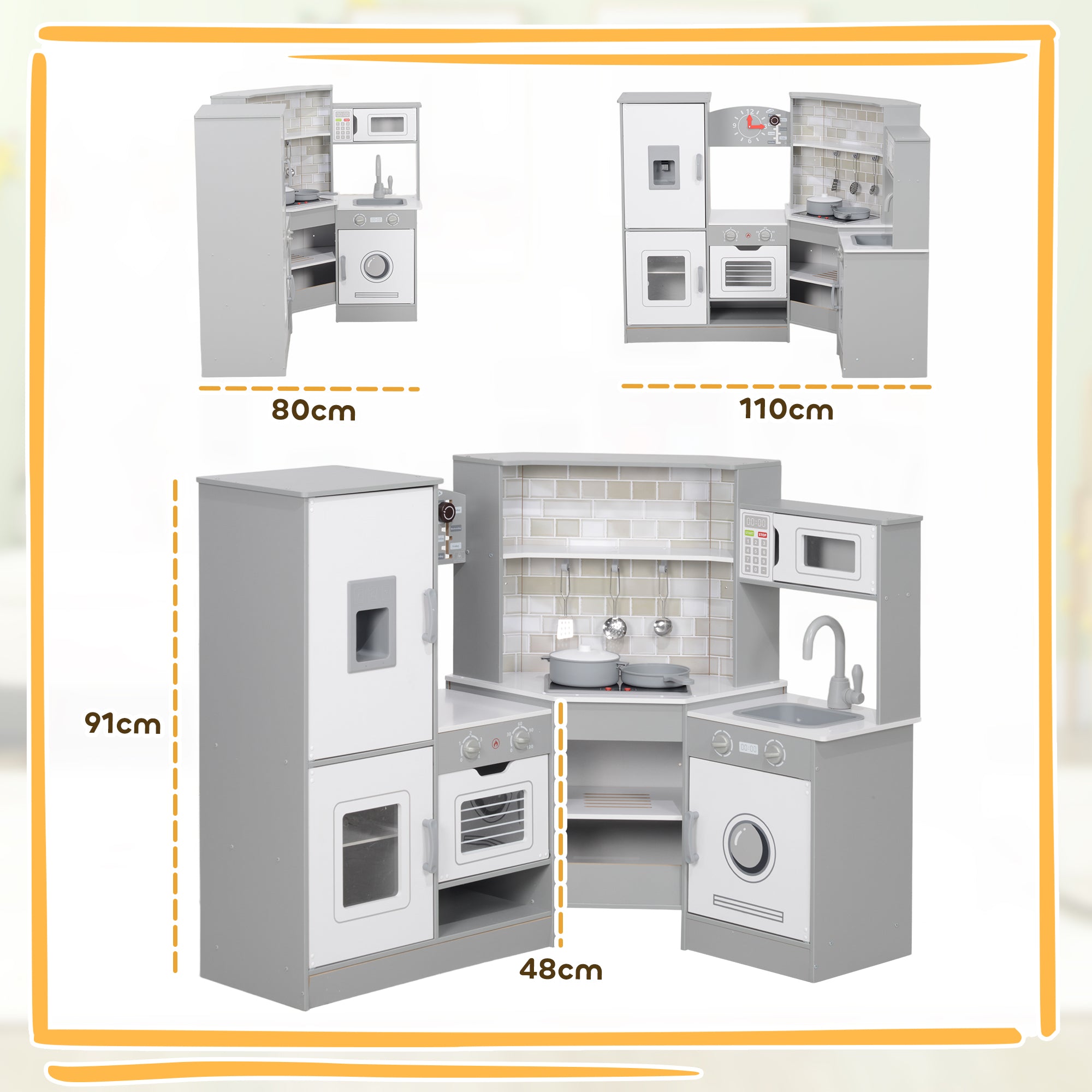 Kids Wooden Toy Kitchen +3 Years Old Children's Corner Kitchen with Sound Stove Oven Faucet Sink Microwave Washer Ice Maker and Accessories Gray