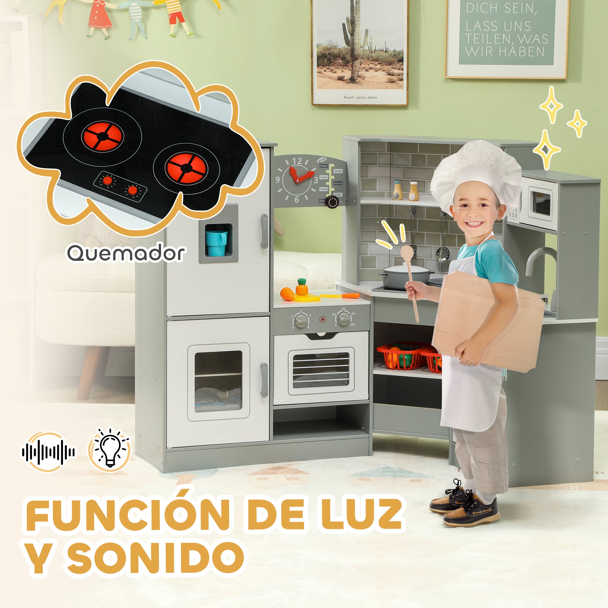Kids Wooden Toy Kitchen +3 Years Old Children's Corner Kitchen with Sound Stove Oven Faucet Sink Microwave Washer Ice Maker and Accessories Gray