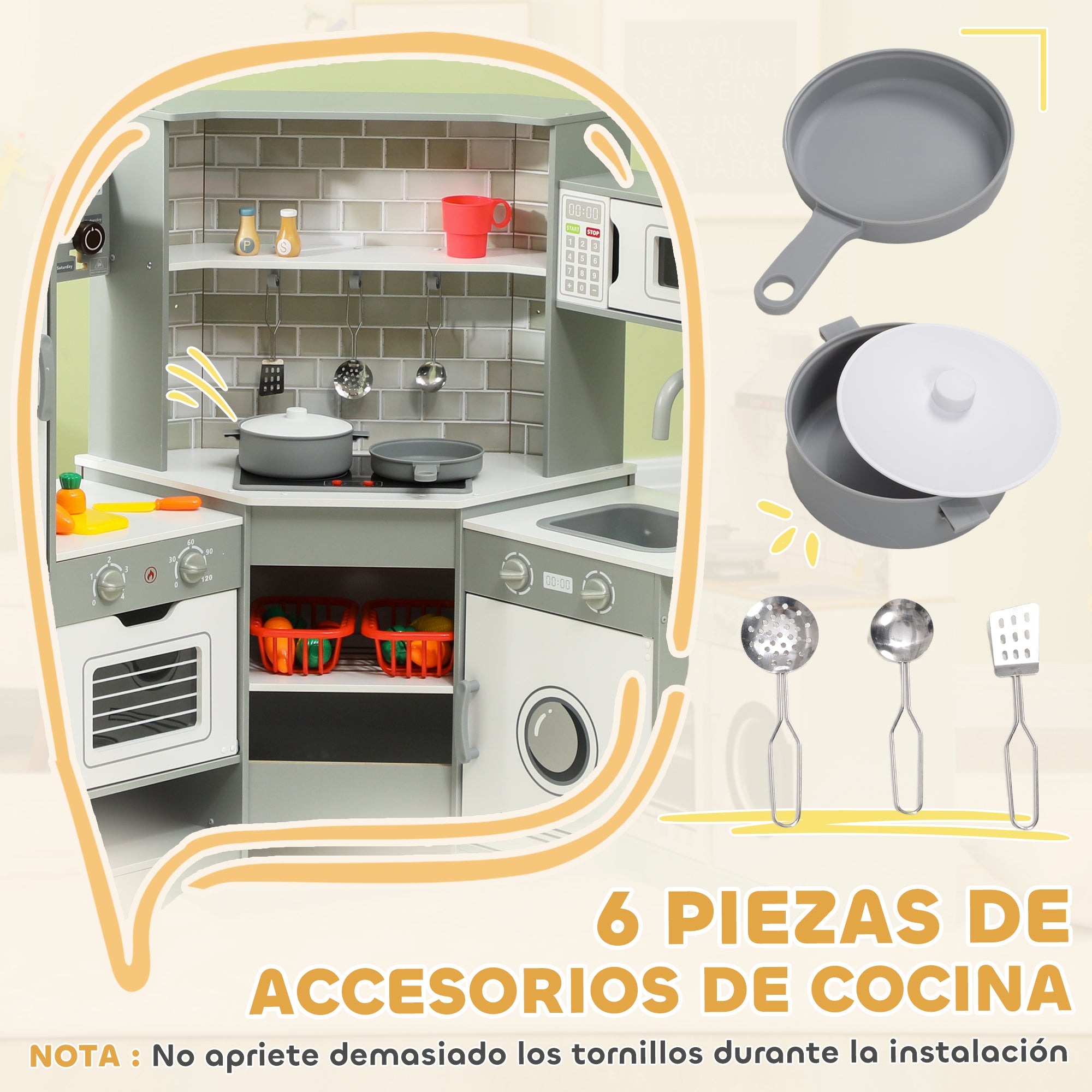 Kids Wooden Toy Kitchen +3 Years Old Children's Corner Kitchen with Sound Stove Oven Faucet Sink Microwave Washer Ice Maker and Accessories Gray