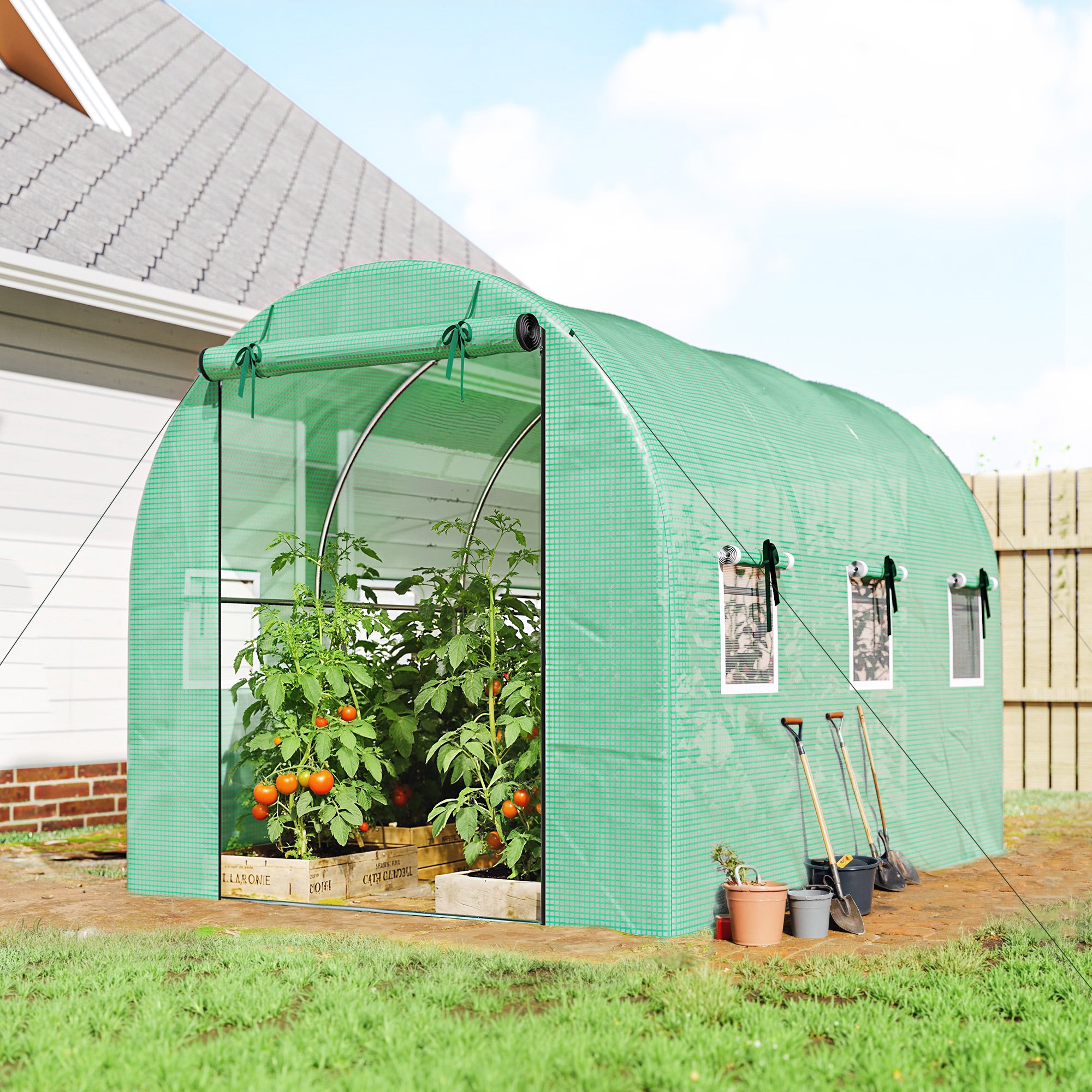 Tunnel Greenhouse 3 x 2 x 2 m with PE Cover, 2 Roll-Up Zip Doors & 6 Mesh Windows, Support Bars, Extended Hems, UV-Protected – Green