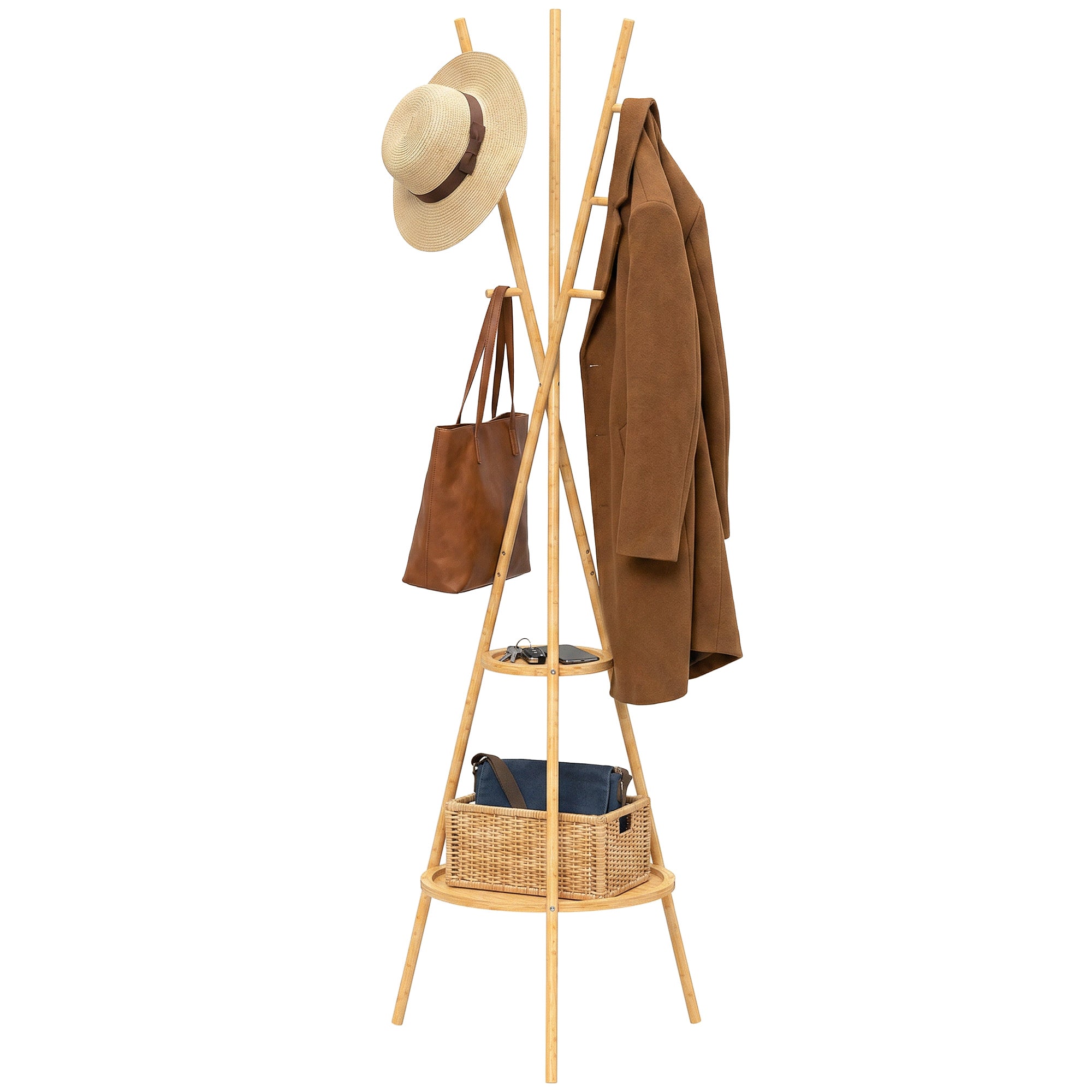 Modern Freestanding Coat Rack with 2 Shelves & 9 Hooks, Natural Bamboo