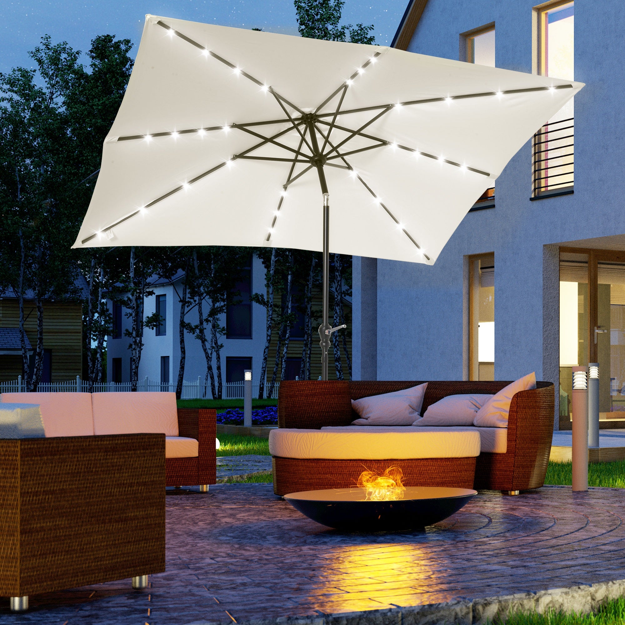 Garden Umbrella 268x205x248 cm Outdoor Terrace Umbrella with Roof Tiltable up to 45° Solar LED Lights Steel Pole and Crank Parasol for Patio Terrace Cream White
