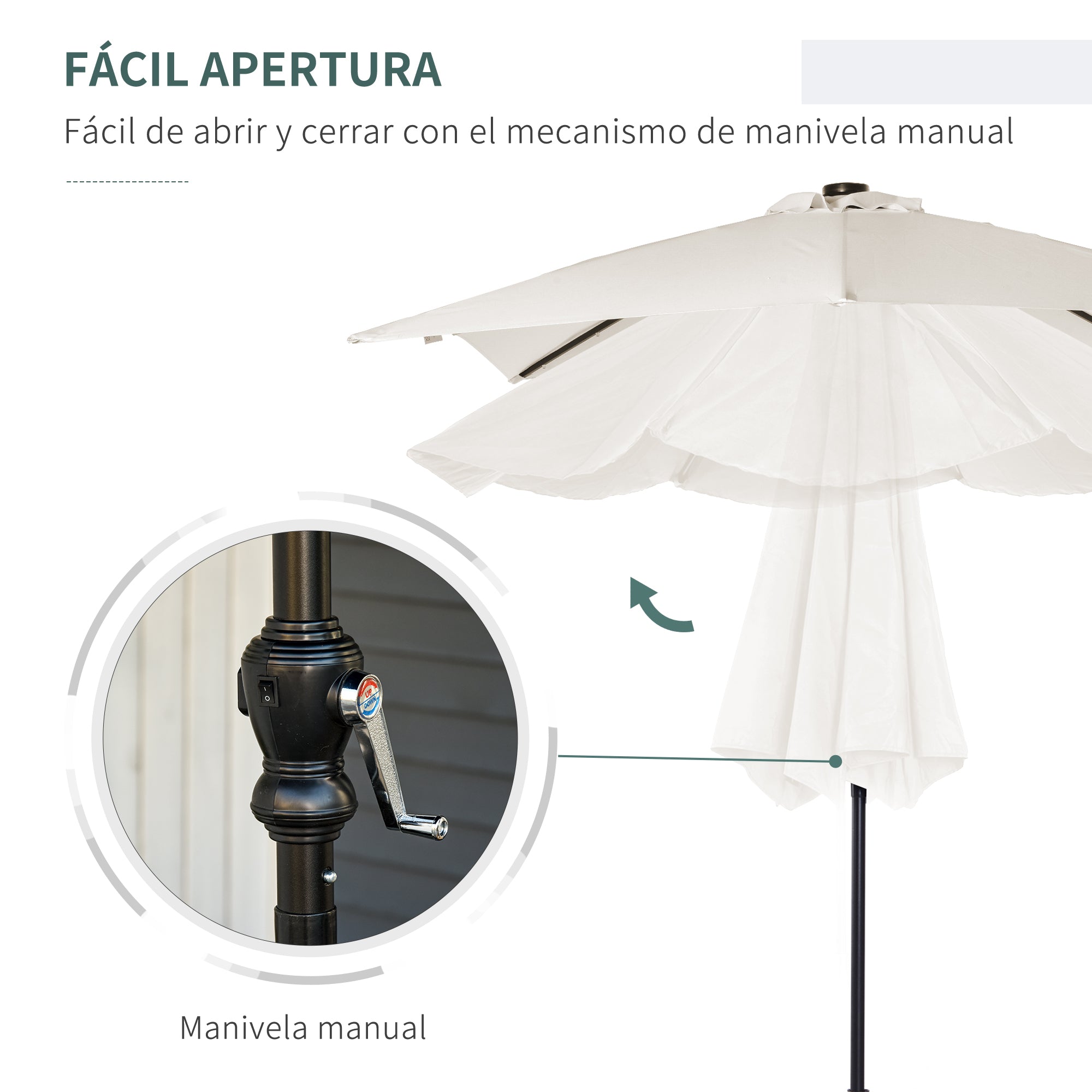 Garden Umbrella 268x205x248 cm Outdoor Terrace Umbrella with Roof Tiltable up to 45° Solar LED Lights Steel Pole and Crank Parasol for Patio Terrace Cream White