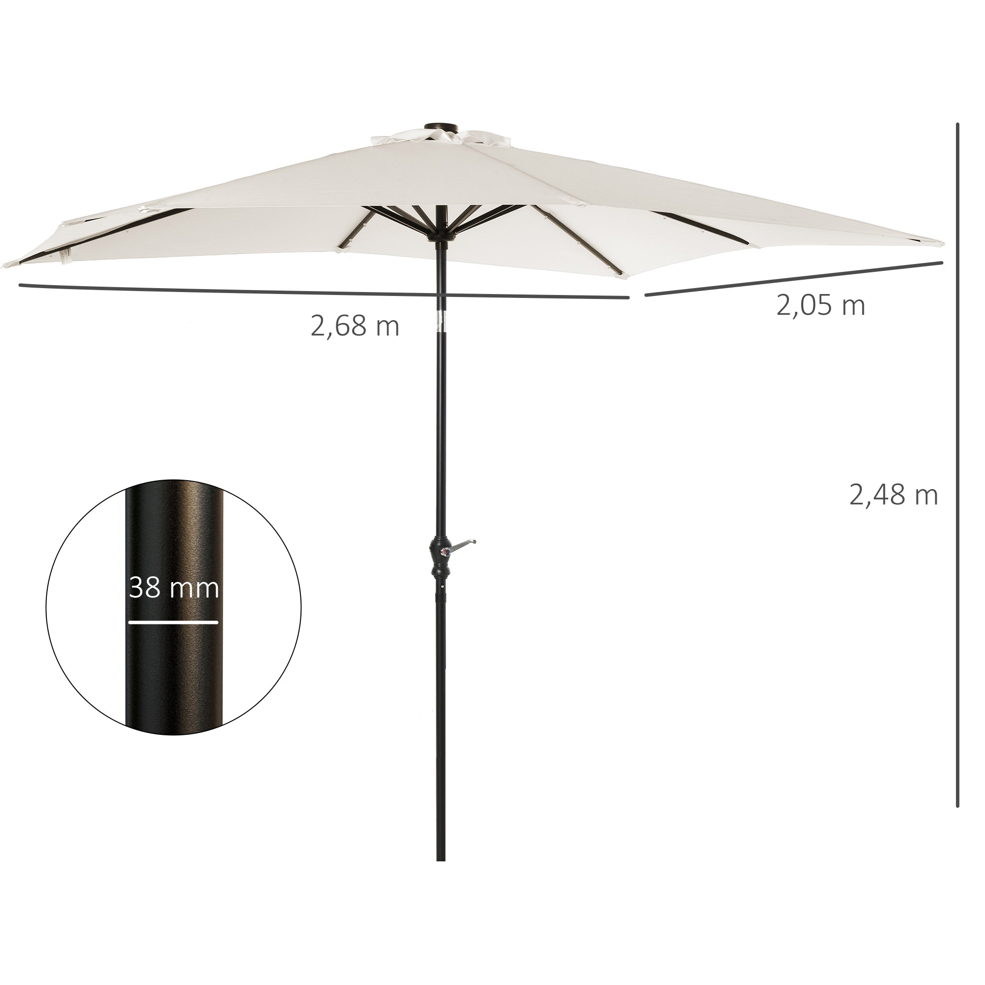 Garden Umbrella 268x205x248 cm Outdoor Terrace Umbrella with Roof Tiltable up to 45° Solar LED Lights Steel Pole and Crank Parasol for Patio Terrace Cream White