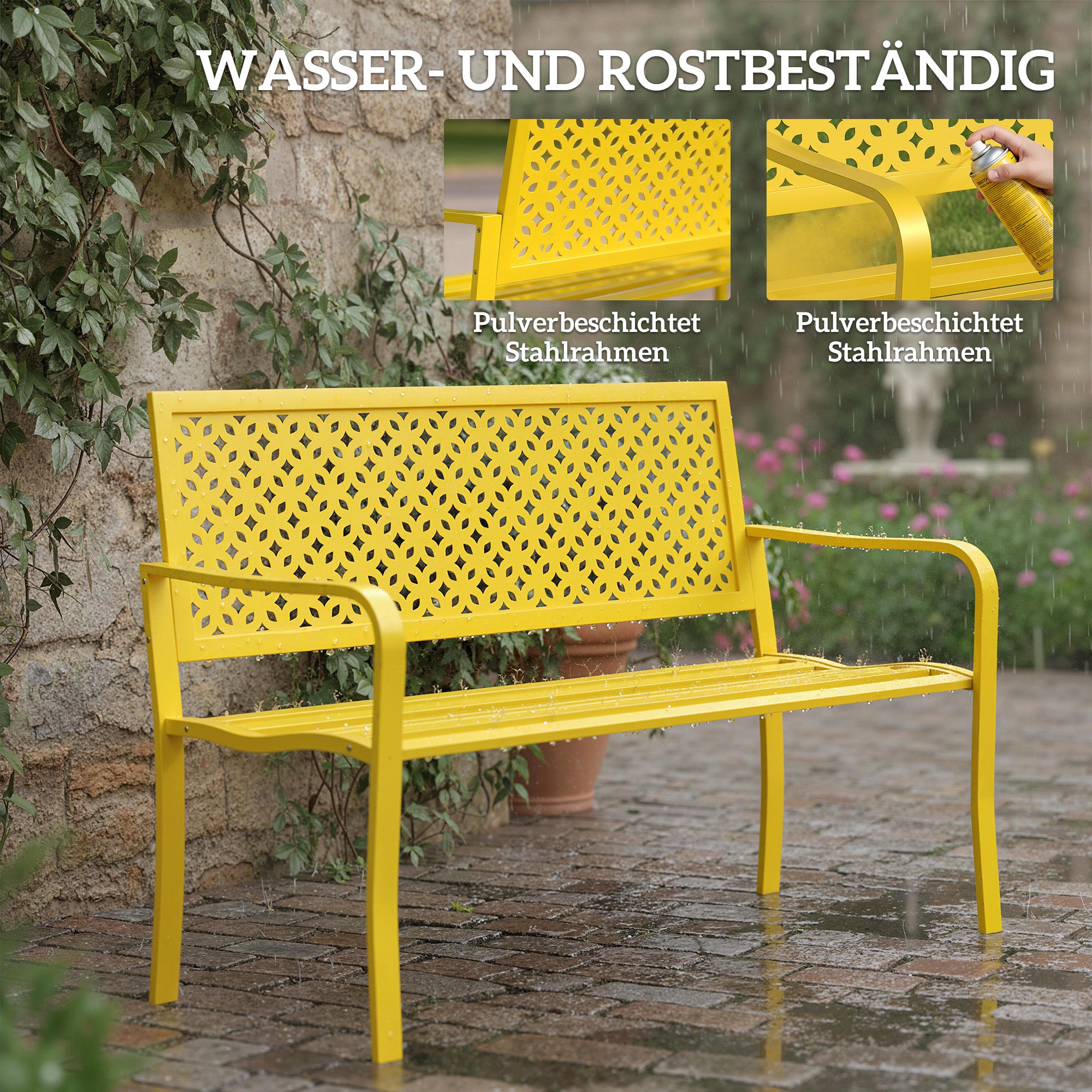 2-Seater Metal Garden Bench — Weatherproof Outdoor Seat with Rust-Resistant Slatted Back, Geometric Design, 127 x 61 x 85 cm (50 x 24 x 33.5 in), Yellow