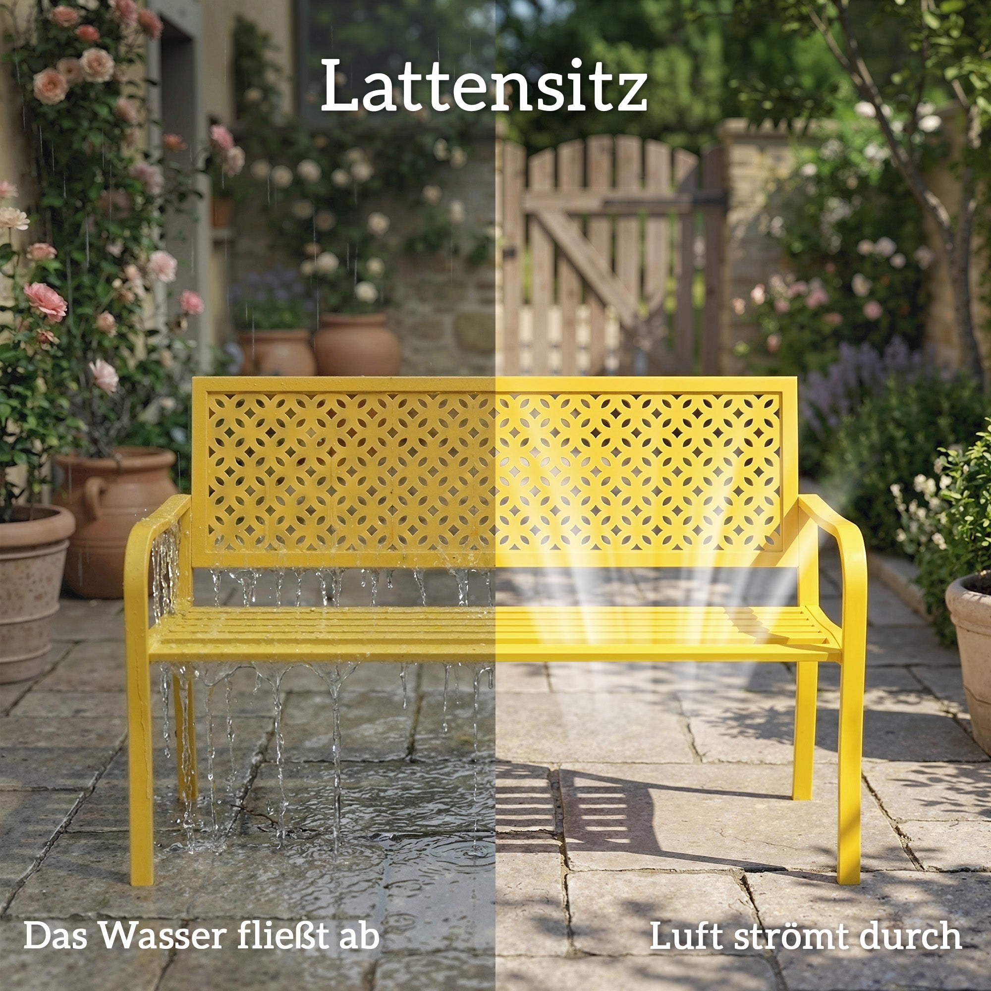 2-Seater Metal Garden Bench — Weatherproof Outdoor Seat with Rust-Resistant Slatted Back, Geometric Design, 127 x 61 x 85 cm (50 x 24 x 33.5 in), Yellow