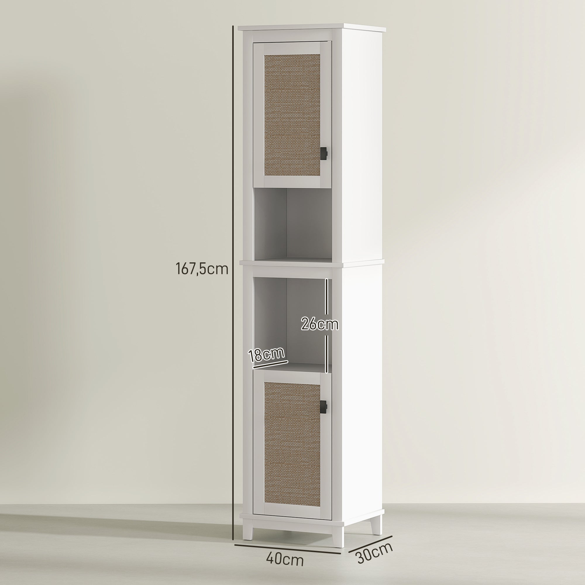 Bathroom Column with 2 Doors with Rattan Front Boho Bathroom Cabinet with Adjustable Shelves and 2 Compartments 40x30x167.5 cm White