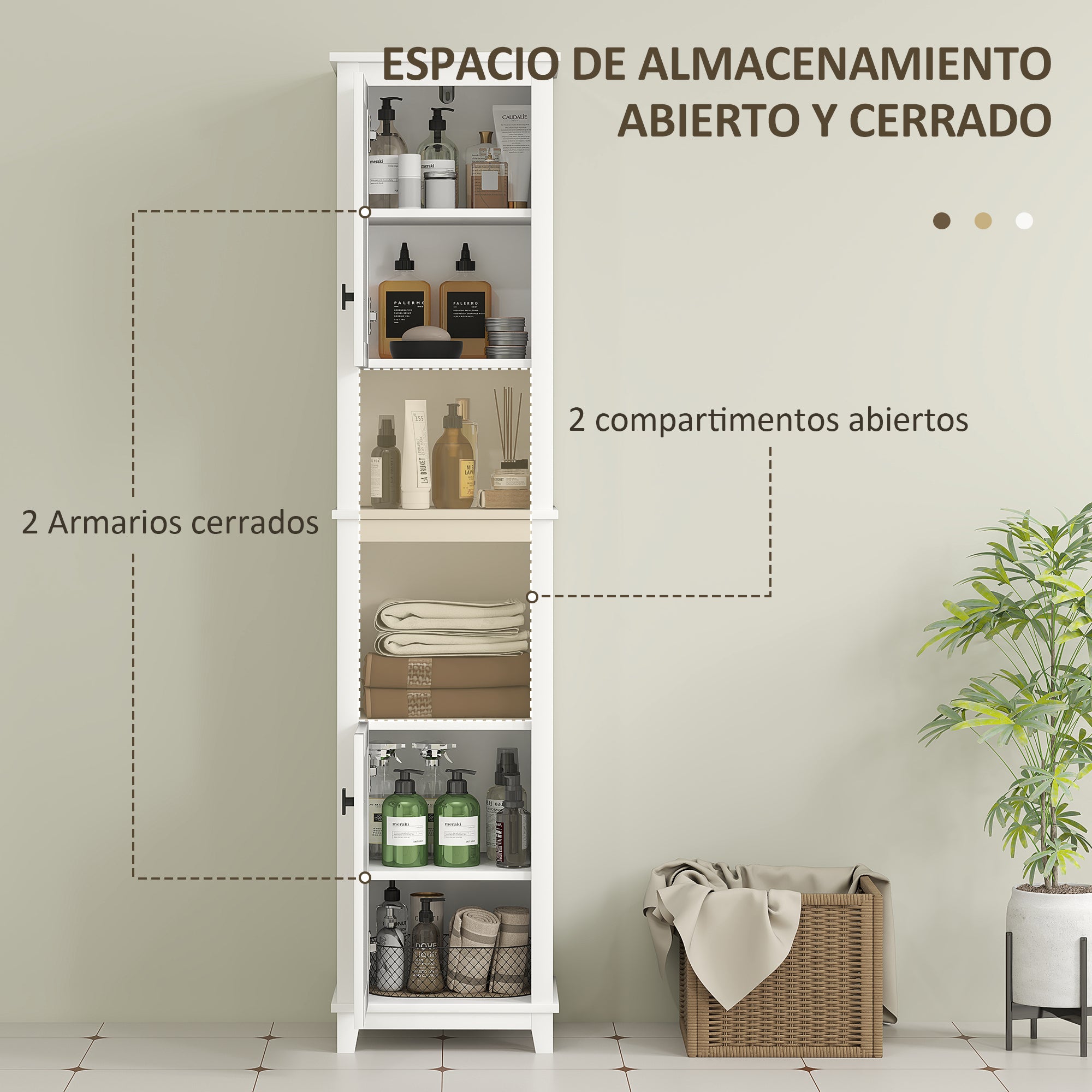 Bathroom Column with 2 Doors with Rattan Front Boho Bathroom Cabinet with Adjustable Shelves and 2 Compartments 40x30x167.5 cm White