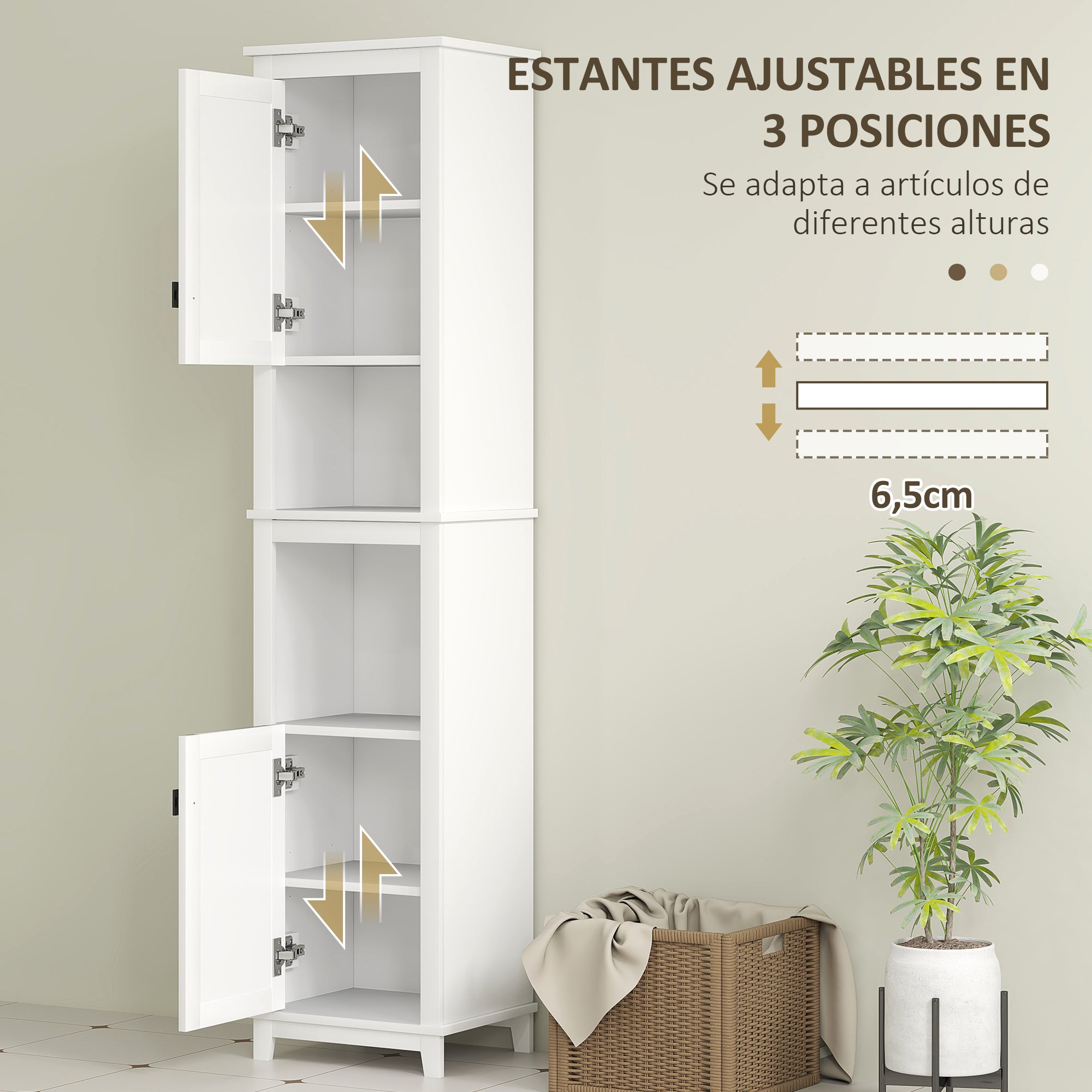 Bathroom Column with 2 Doors with Rattan Front Boho Bathroom Cabinet with Adjustable Shelves and 2 Compartments 40x30x167.5 cm White