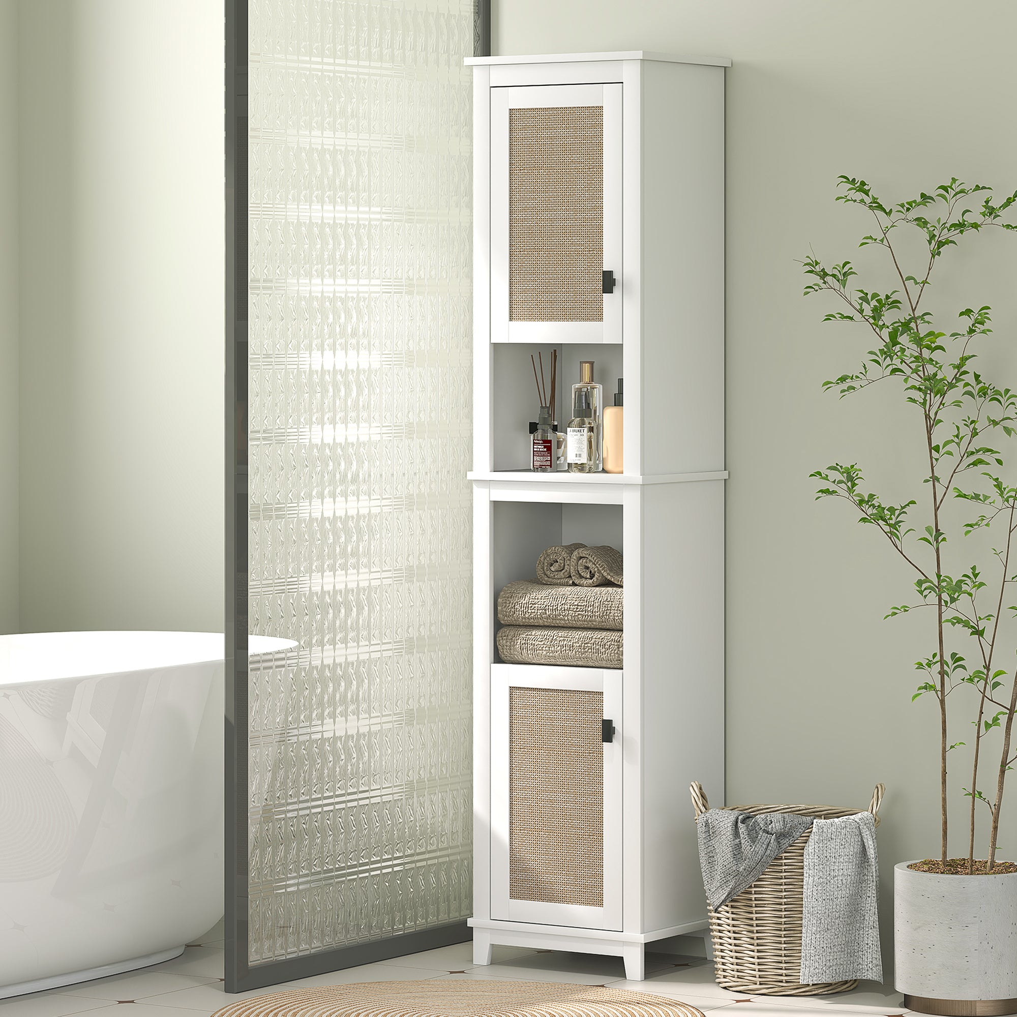 Bathroom Column with 2 Doors with Rattan Front Boho Bathroom Cabinet with Adjustable Shelves and 2 Compartments 40x30x167.5 cm White