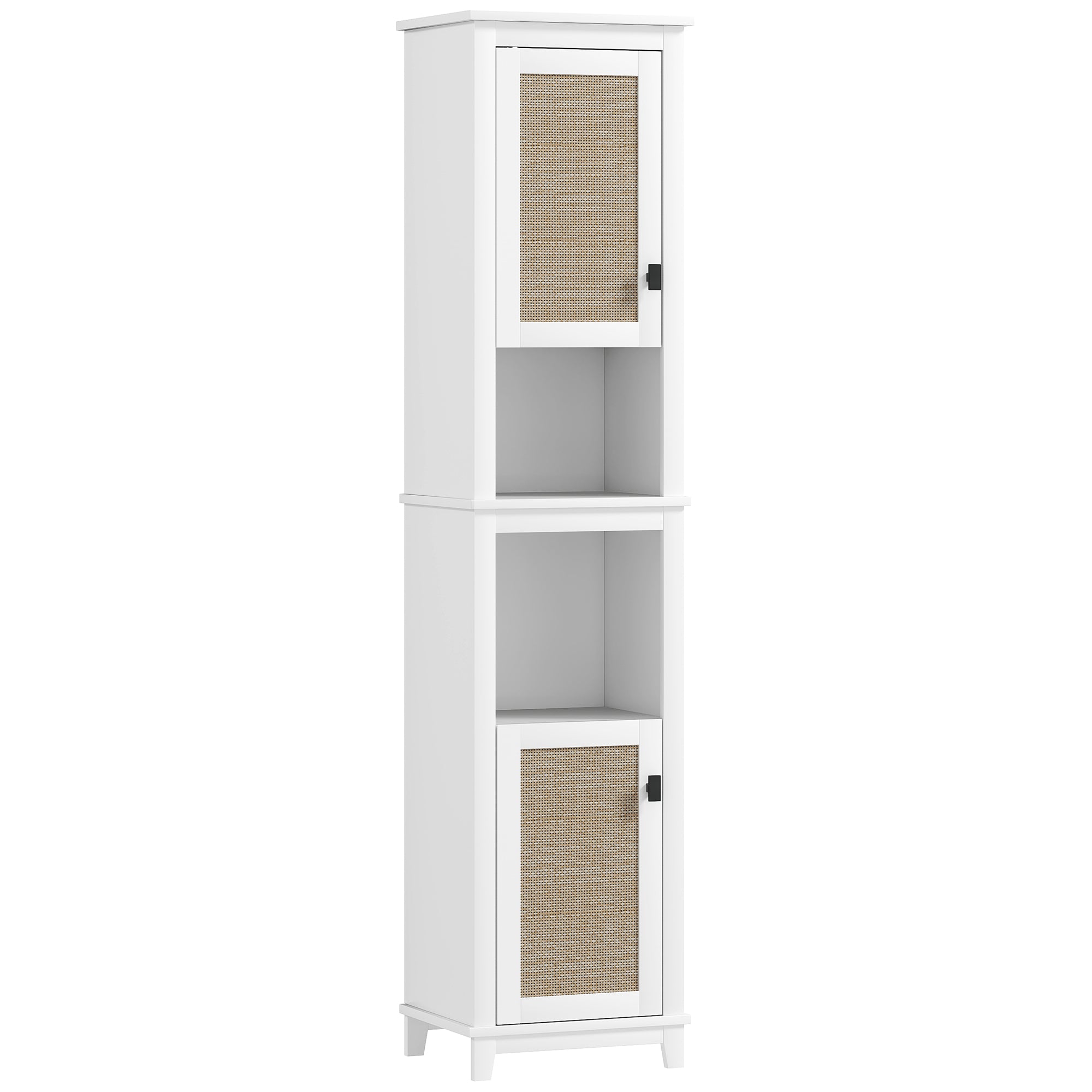 Bathroom Column with 2 Doors with Rattan Front Boho Bathroom Cabinet with Adjustable Shelves and 2 Compartments 40x30x167.5 cm White