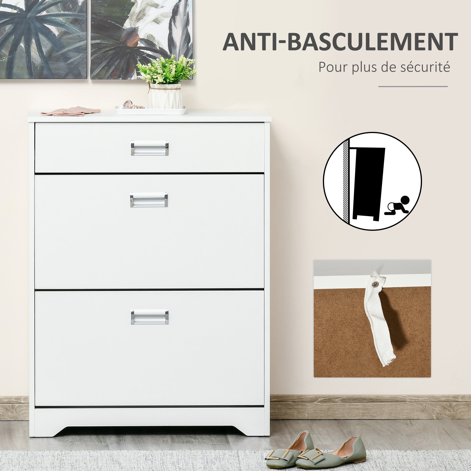 Shoe Cabinet with 2 Foldable Drawers Adjustable Shelf + 1 Drawer + 1 Counter for up to 16 Pairs 70cm x 29cm x 92cm White