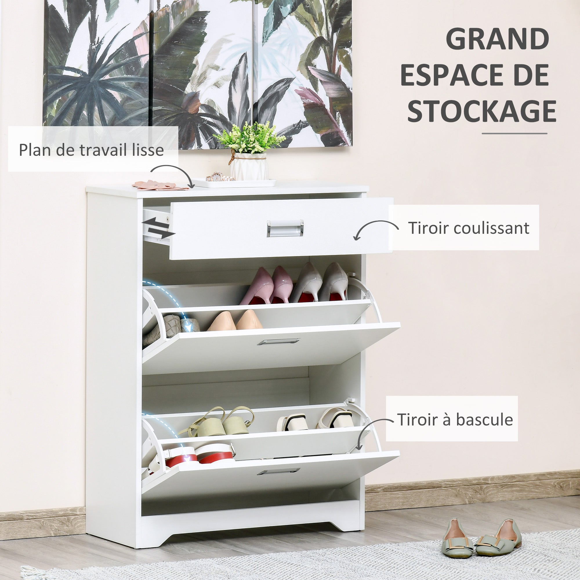 Shoe Cabinet with 2 Foldable Drawers Adjustable Shelf + 1 Drawer + 1 Counter for up to 16 Pairs 70cm x 29cm x 92cm White