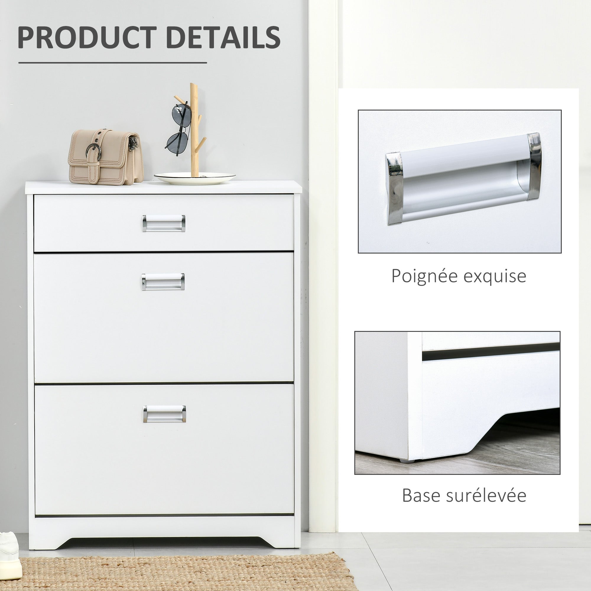 Shoe Cabinet with 2 Foldable Drawers Adjustable Shelf + 1 Drawer + 1 Counter for up to 16 Pairs 70cm x 29cm x 92cm White