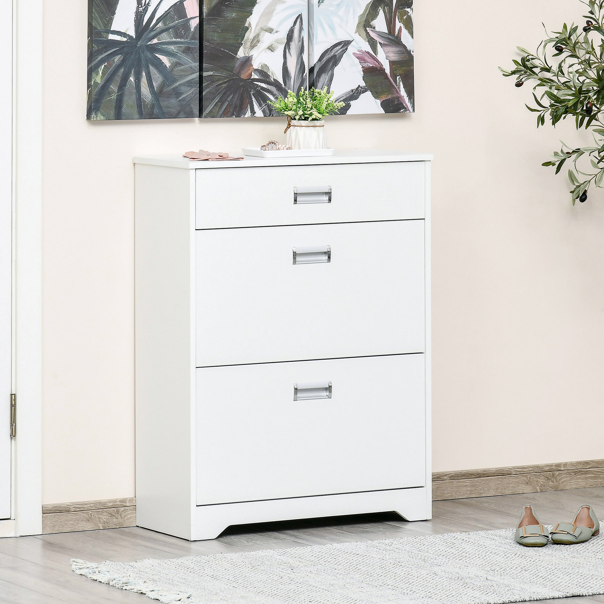 Shoe Cabinet with 2 Foldable Drawers Adjustable Shelf + 1 Drawer + 1 Counter for up to 16 Pairs 70cm x 29cm x 92cm White