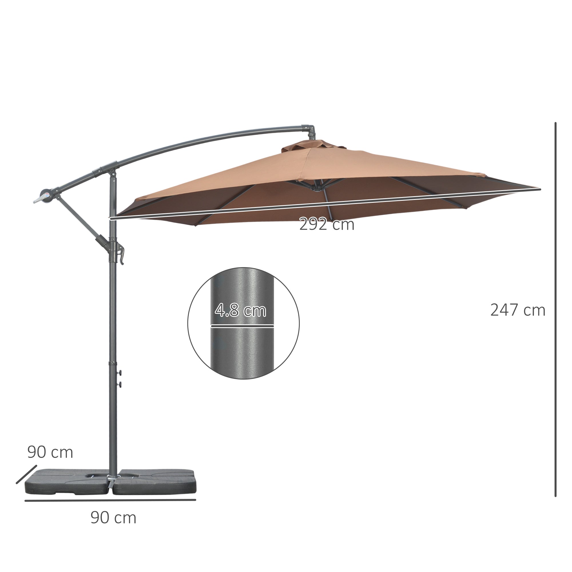 Off-Center Umbrella Ø3x2.5 m with Cross Base, Weights, and Crank, Metal and Polyester Patio Umbrella 180 g/m² with 6 Ribs, UV Protection, Coffee Color