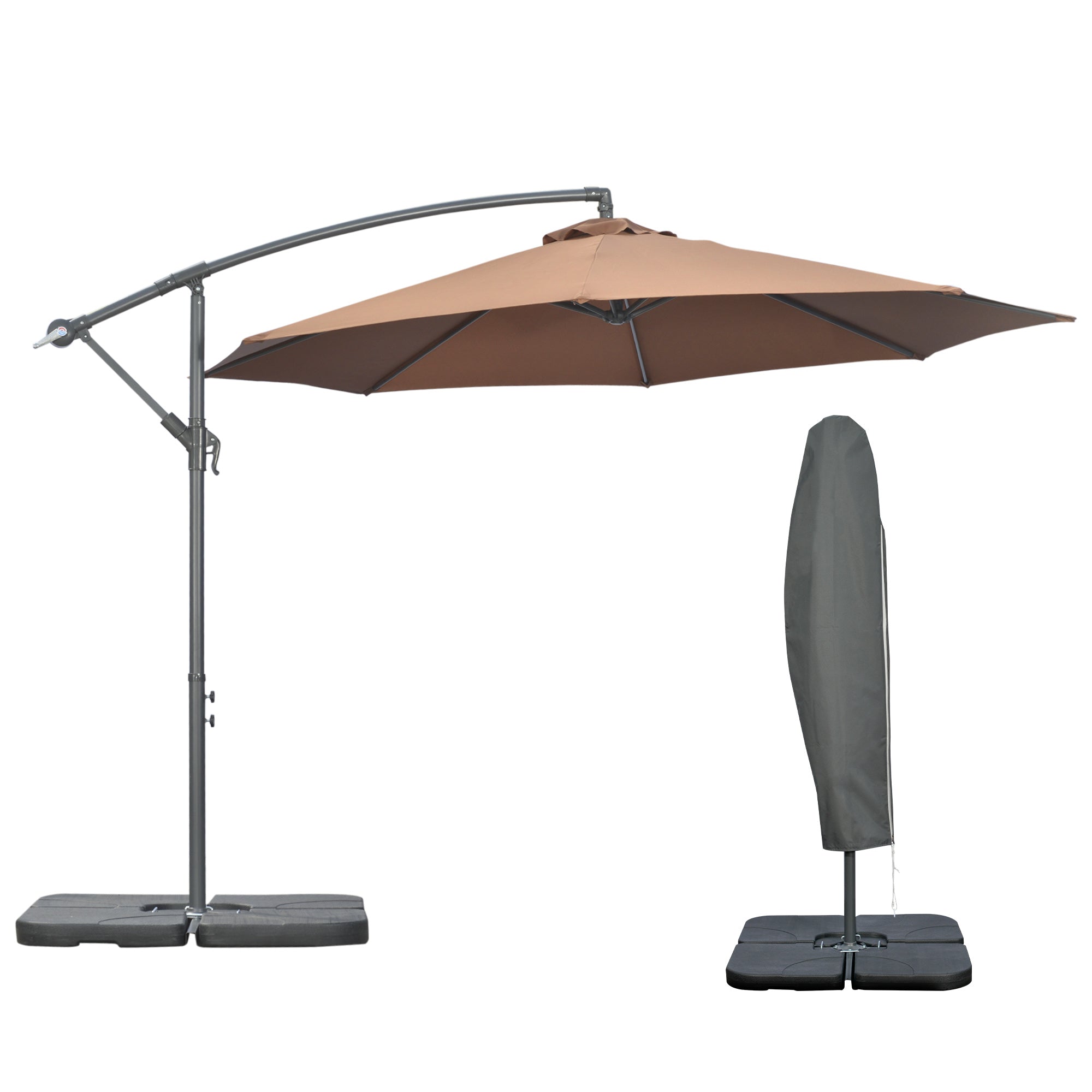 Off-Center Umbrella Ø3x2.5 m with Cross Base, Weights, and Crank, Metal and Polyester Patio Umbrella 180 g/m² with 6 Ribs, UV Protection, Coffee Color