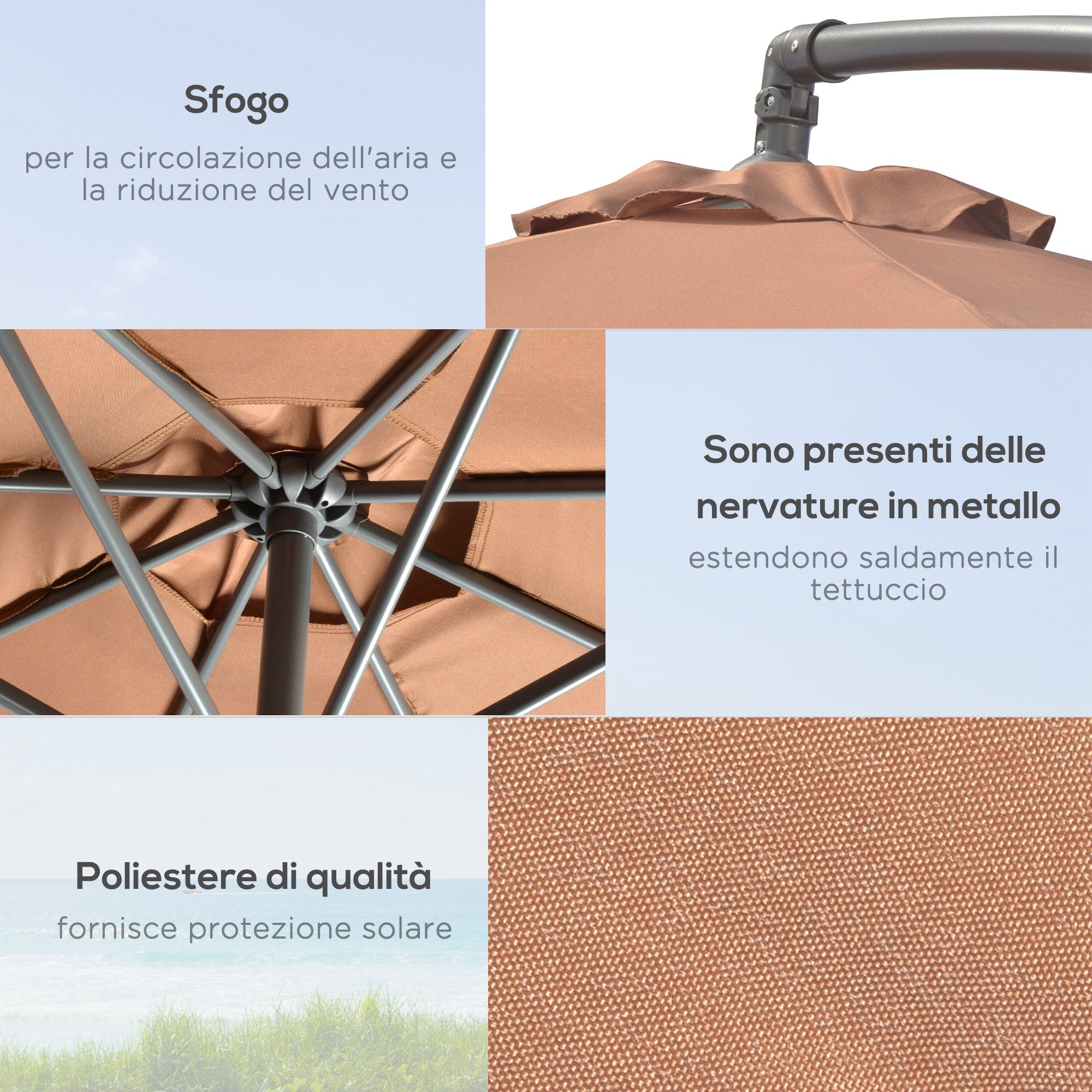 Off-Center Umbrella Ø3x2.5 m with Cross Base, Weights, and Crank, Metal and Polyester Patio Umbrella 180 g/m² with 6 Ribs, UV Protection, Coffee Color