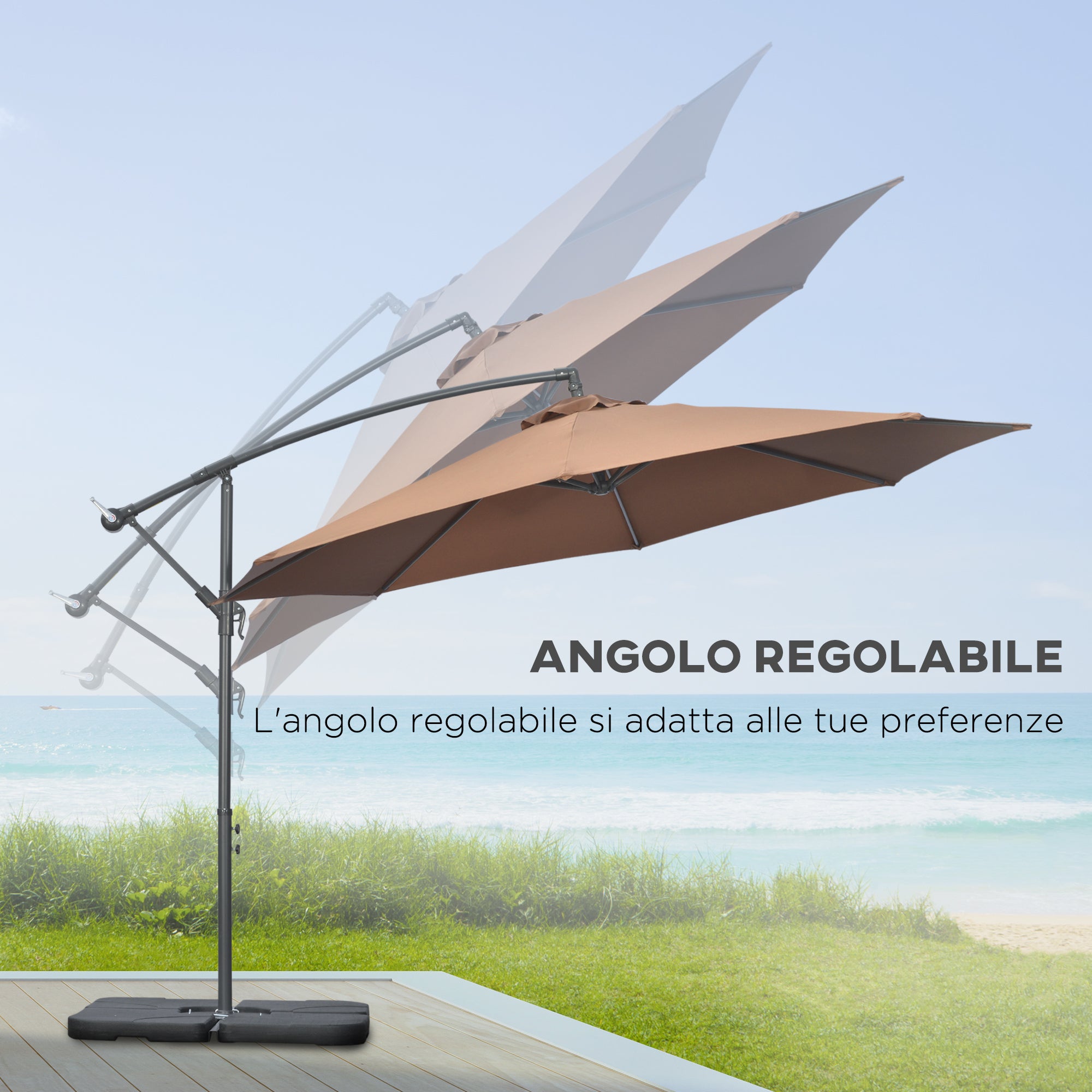 Off-Center Umbrella Ø3x2.5 m with Cross Base, Weights, and Crank, Metal and Polyester Patio Umbrella 180 g/m² with 6 Ribs, UV Protection, Coffee Color