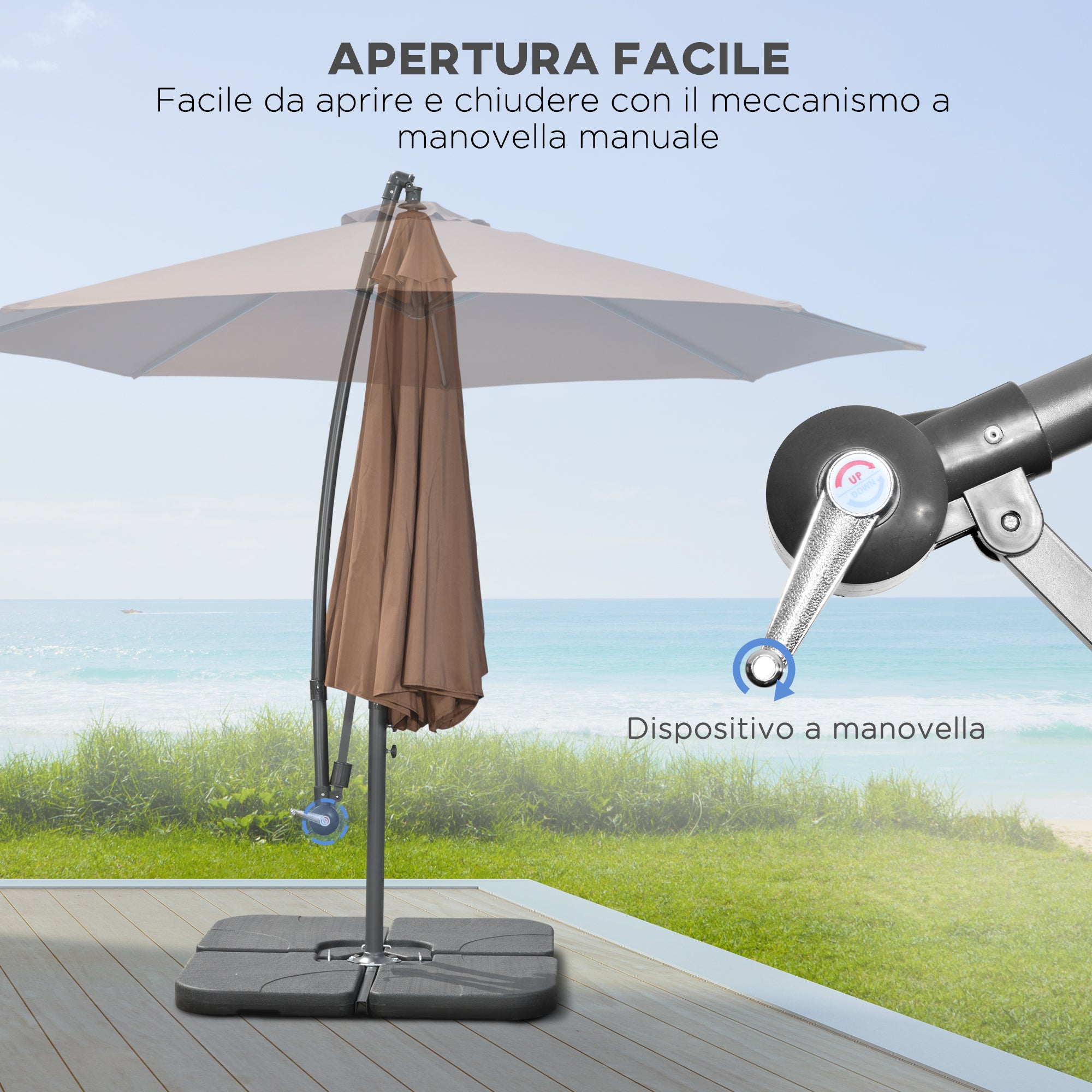 Off-Center Umbrella Ø3x2.5 m with Cross Base, Weights, and Crank, Metal and Polyester Patio Umbrella 180 g/m² with 6 Ribs, UV Protection, Coffee Color
