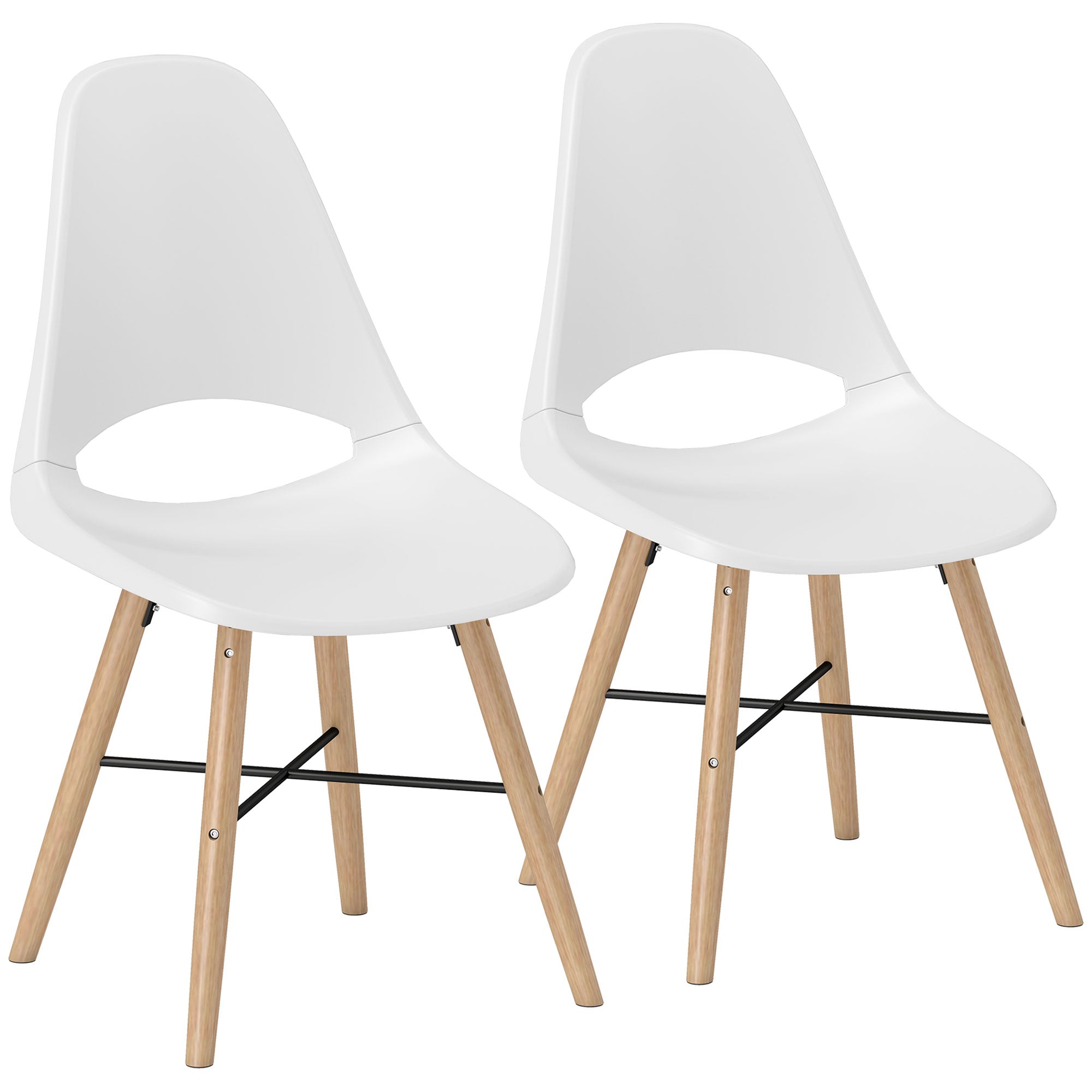 Set of 2 Dining Room Chairs, Modern Kitchen Chairs with Cutout Backrest Design and Rubber Wood Legs, Plastic Chair for Kitchen, Bedroom, Office and Living Room, White